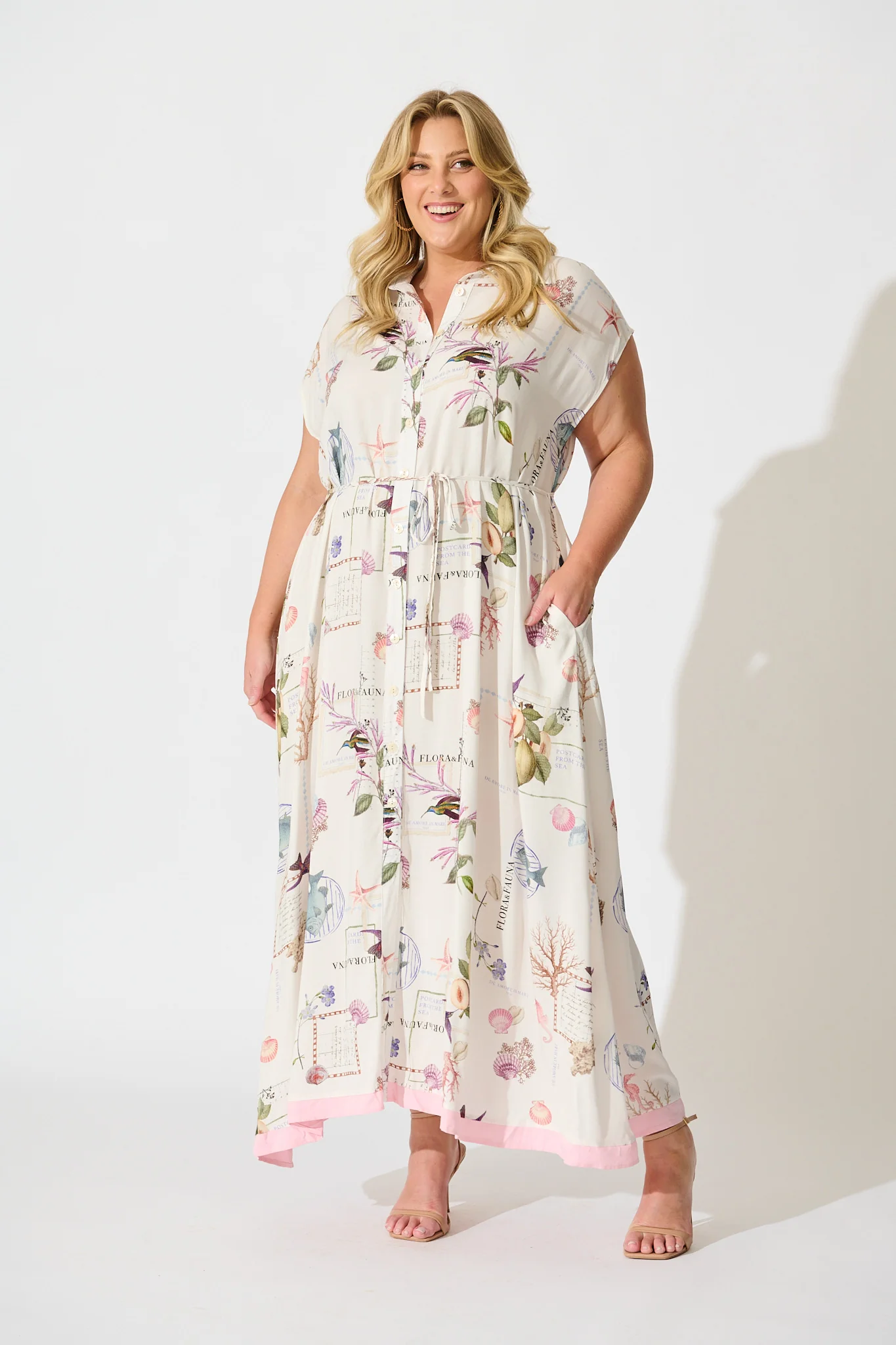 Seashell Skies Maxi Shirt Dress in White with Multi Shell