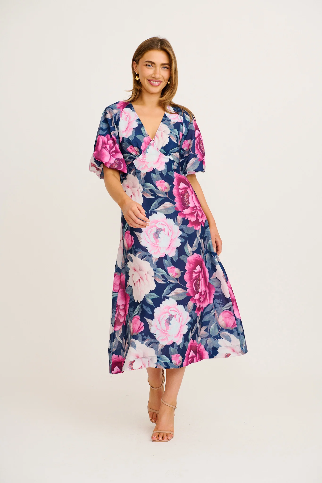 Secret Radiance Maxi Dress in Navy with Pink Floral Cotton Linen - Image 3