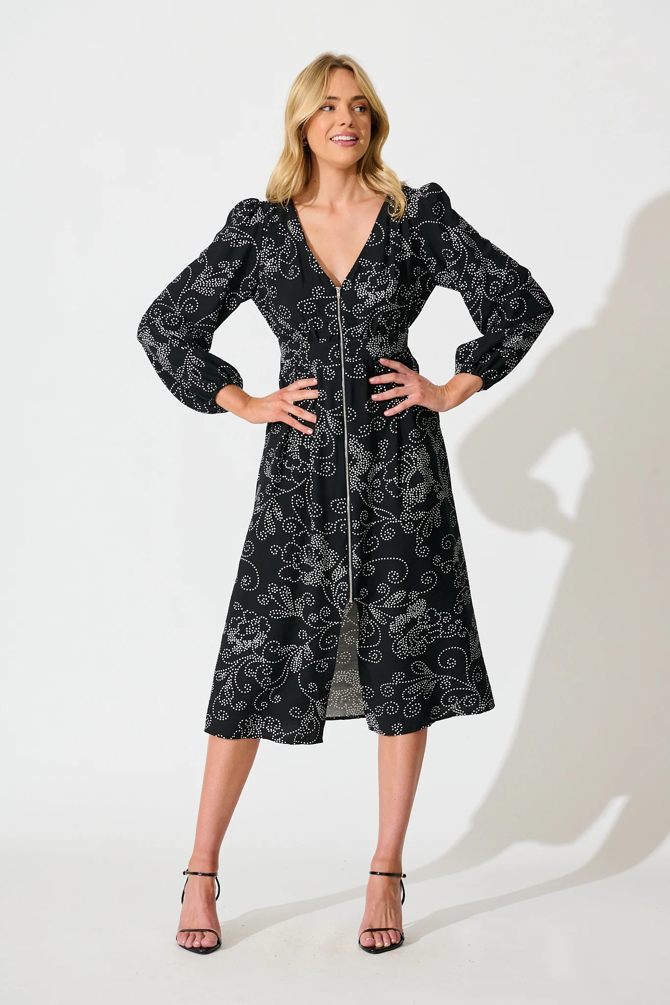 Senorita Midi Zip Dress in Black with White Print
