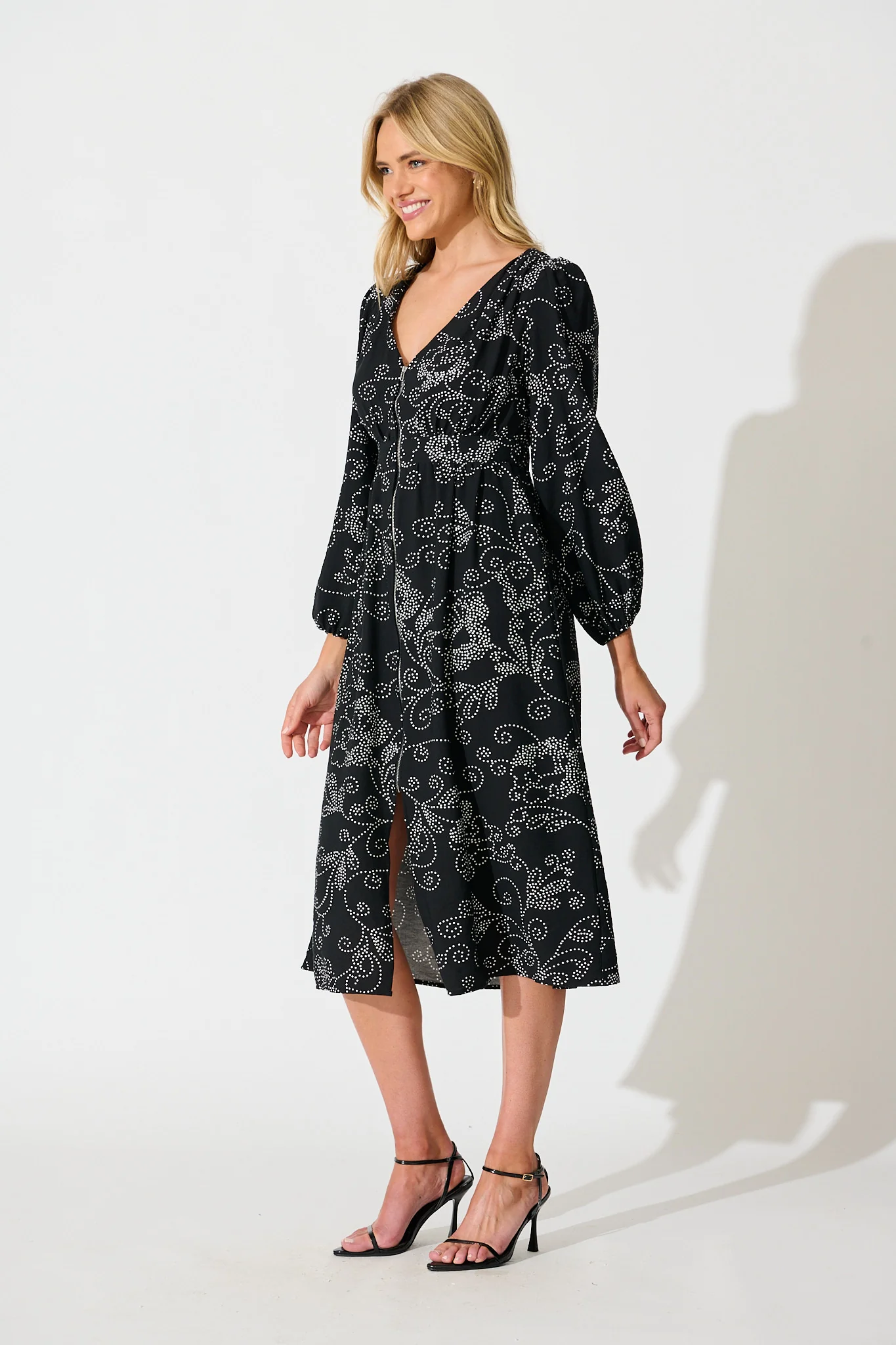 Senorita Midi Zip Dress in Black with White Print - Image 3