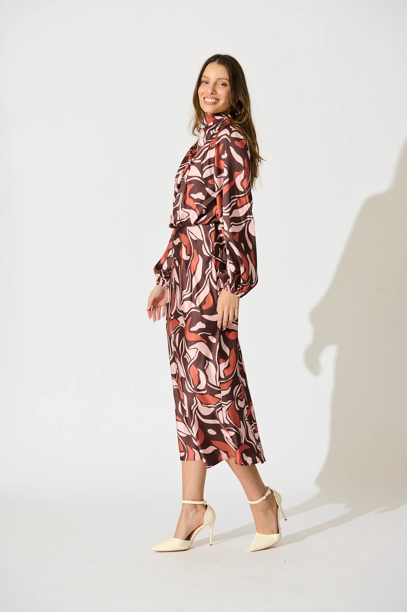 Sepia Bloom Midi Dress in Multi Brown Print Satin - Image 3