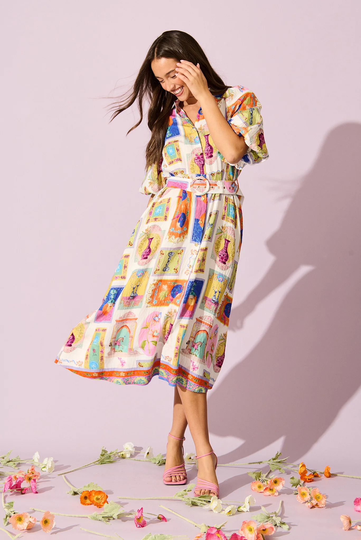 Serenity Midi Shirt Dress in Cream with Multi Conversational Print - Image 2