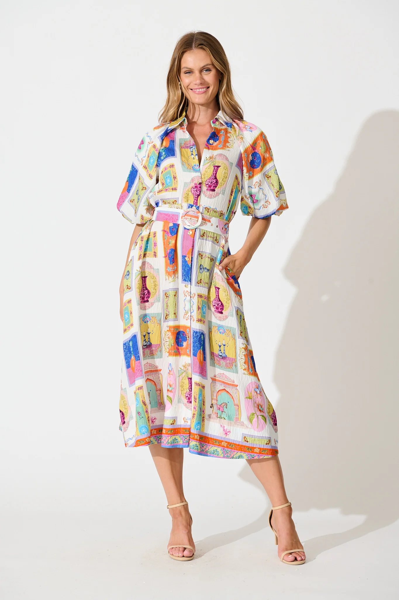 Serenity Midi Shirt Dress in Cream with Multi Conversational Print - Image 3