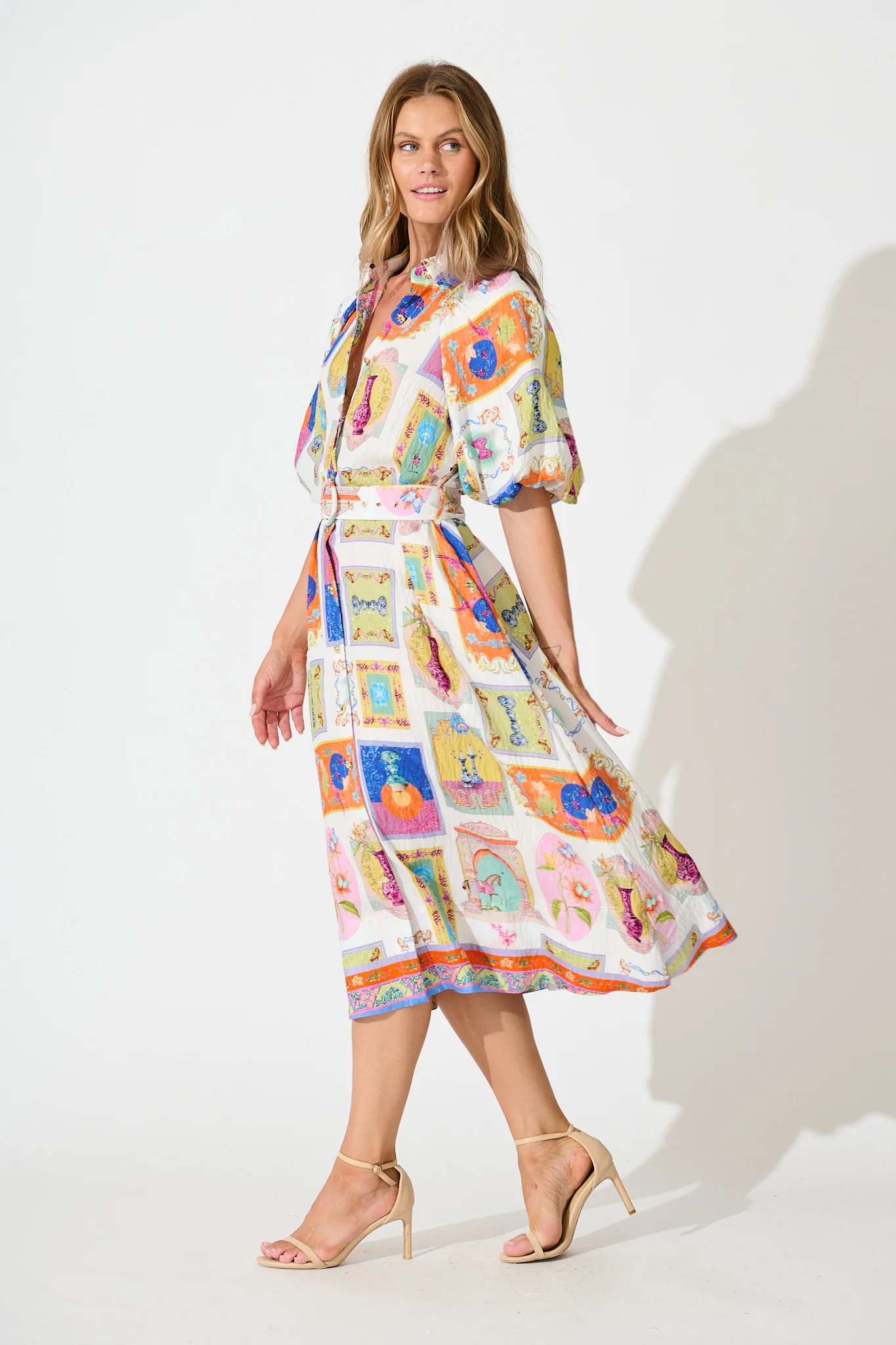 Serenity Midi Shirt Dress in Cream with Multi Conversational Print - Image 5