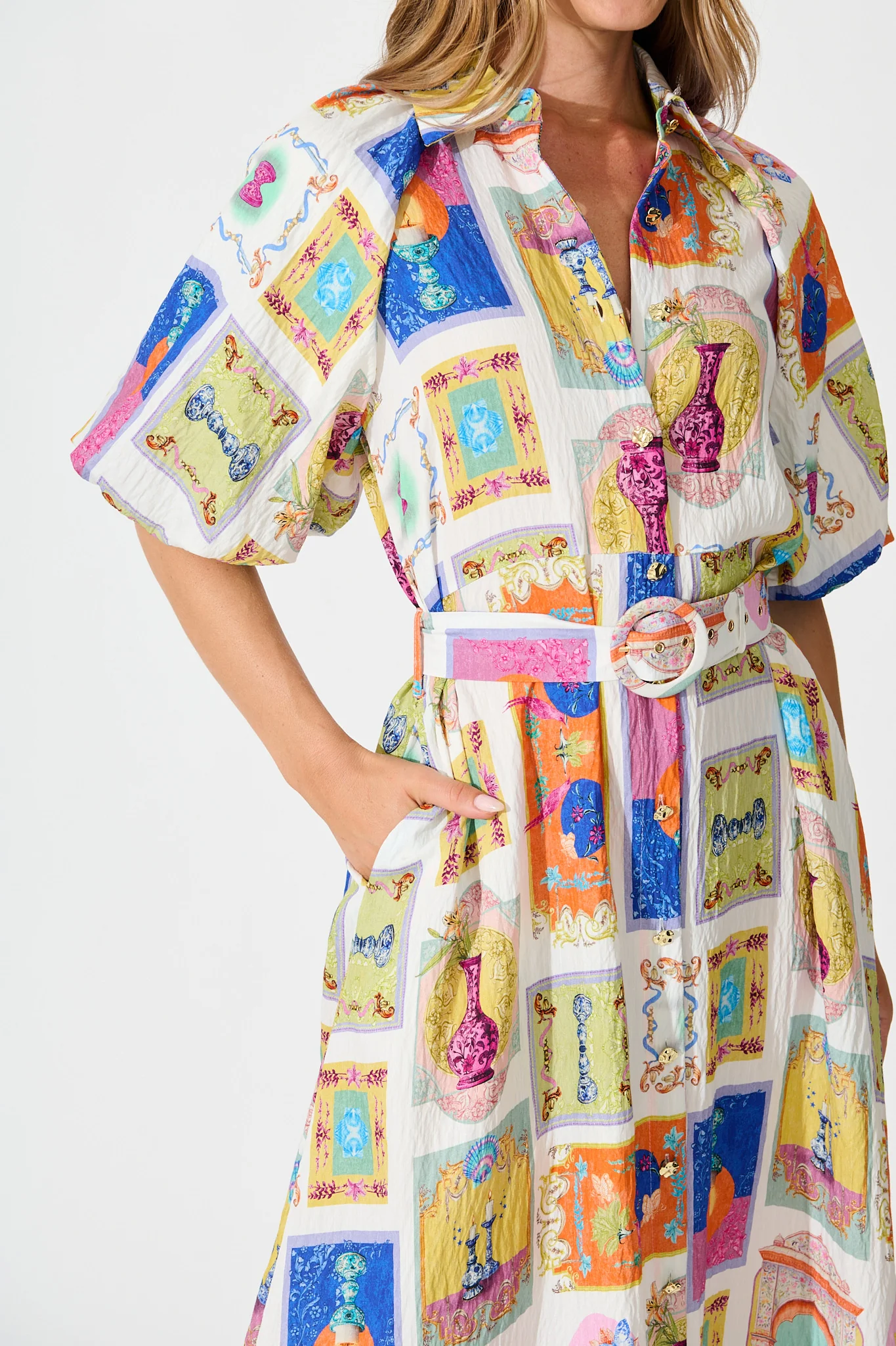 Serenity Midi Shirt Dress in Cream with Multi Conversational Print - Image 7