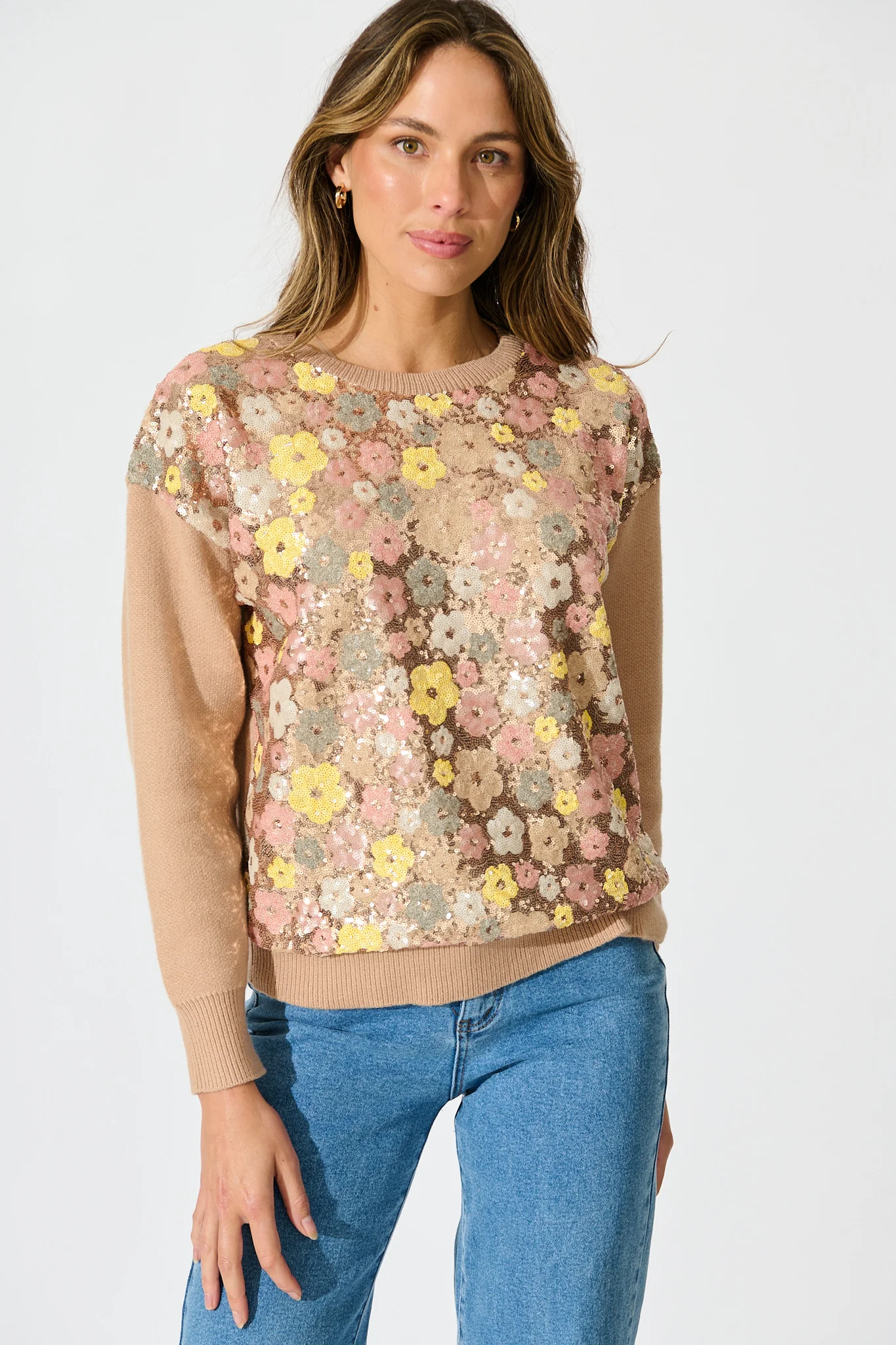 Sette Knit In Brown With Flower Sequin Wool Blend