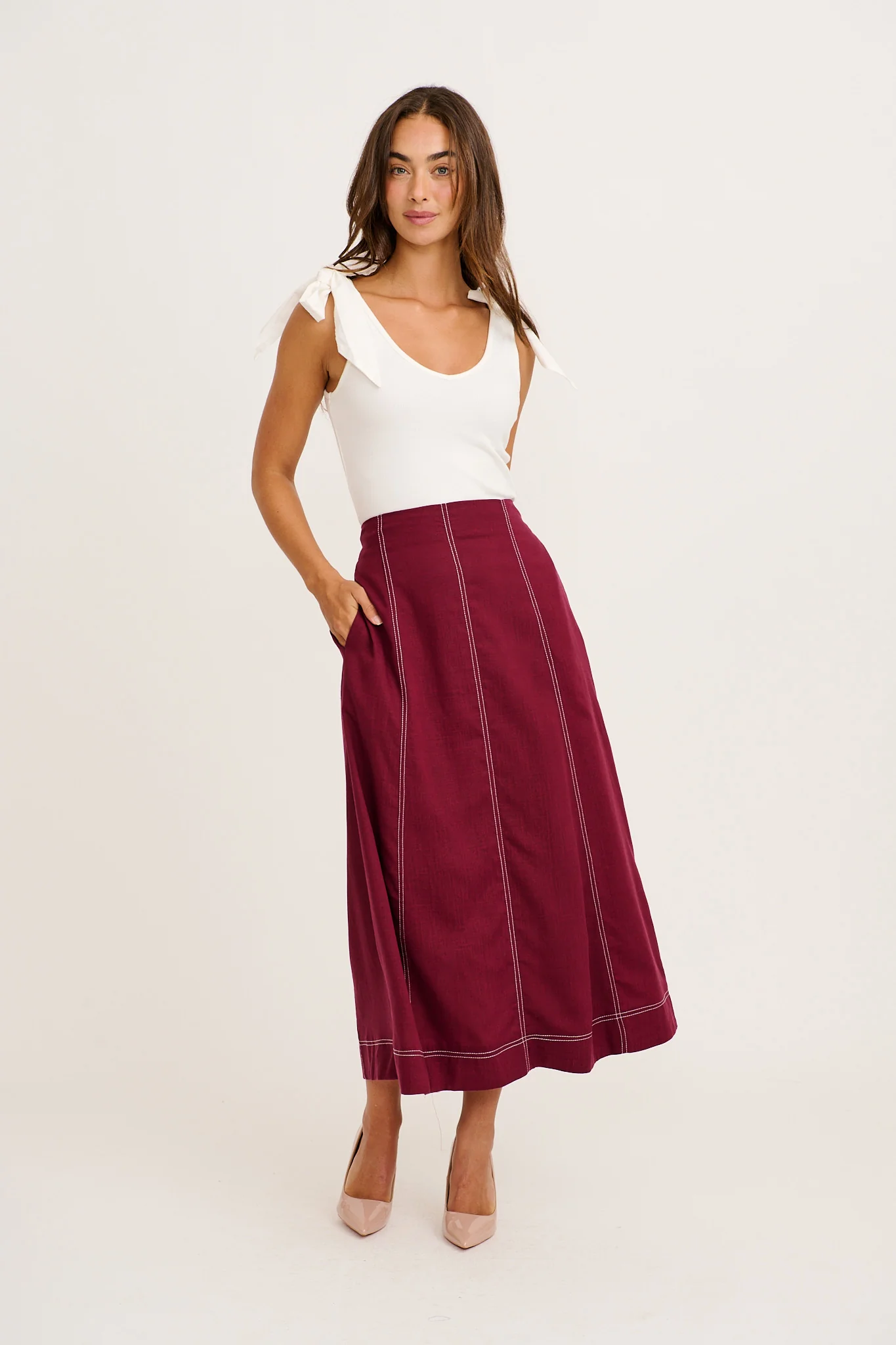 Sharp Hour Maxi Skirt in Wine Linen Blend - Image 4