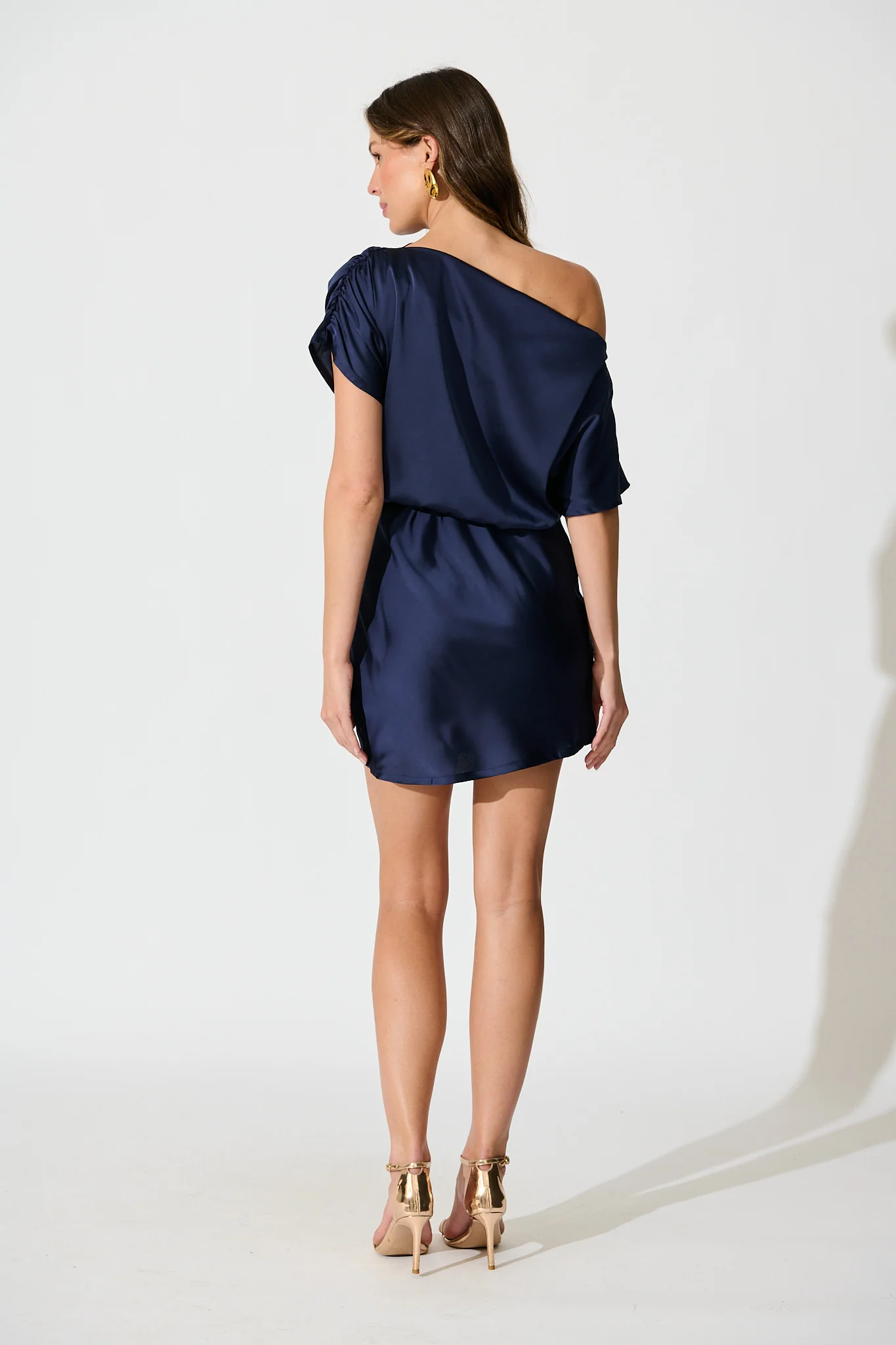 Shayla Off Shoulder Dress in Navy Satin - Image 5