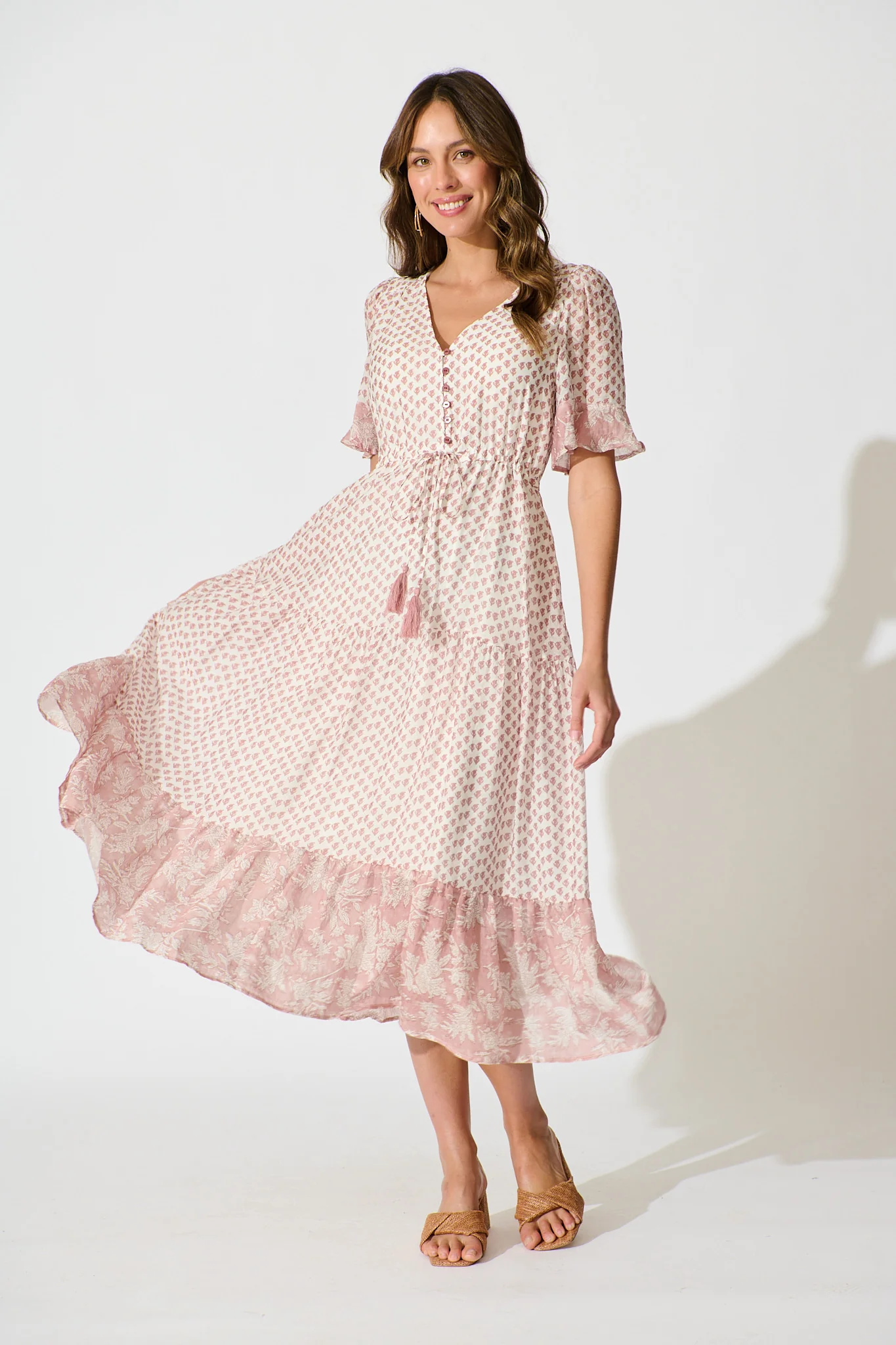 Sheer Allure Midi Dress in White with Blush Print