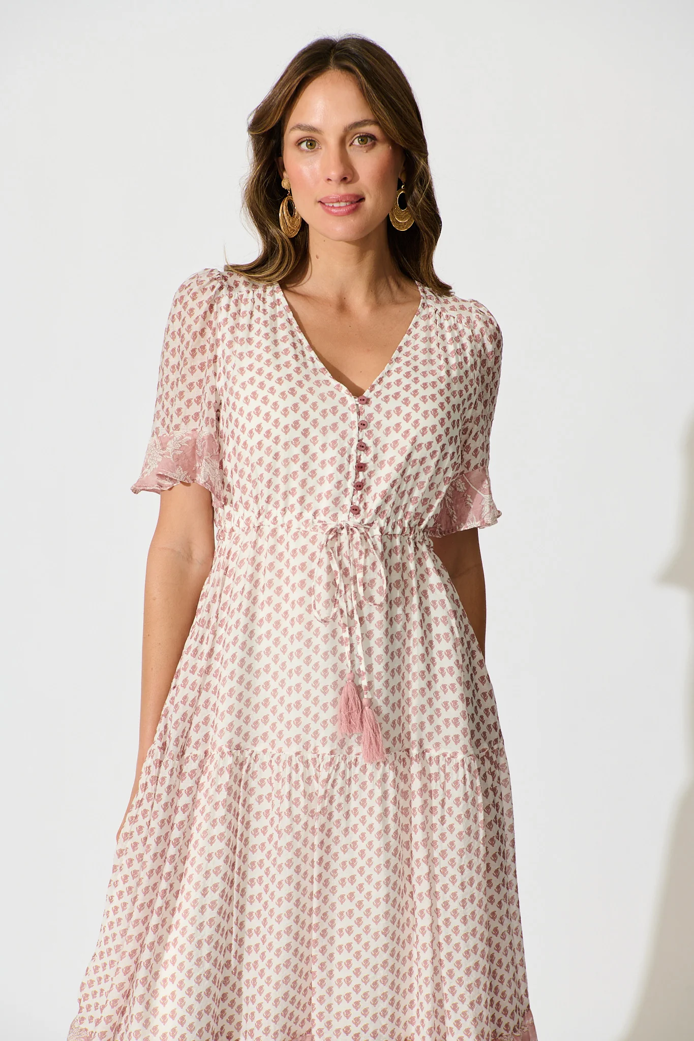 Sheer Allure Midi Dress in White with Blush Print - Image 2