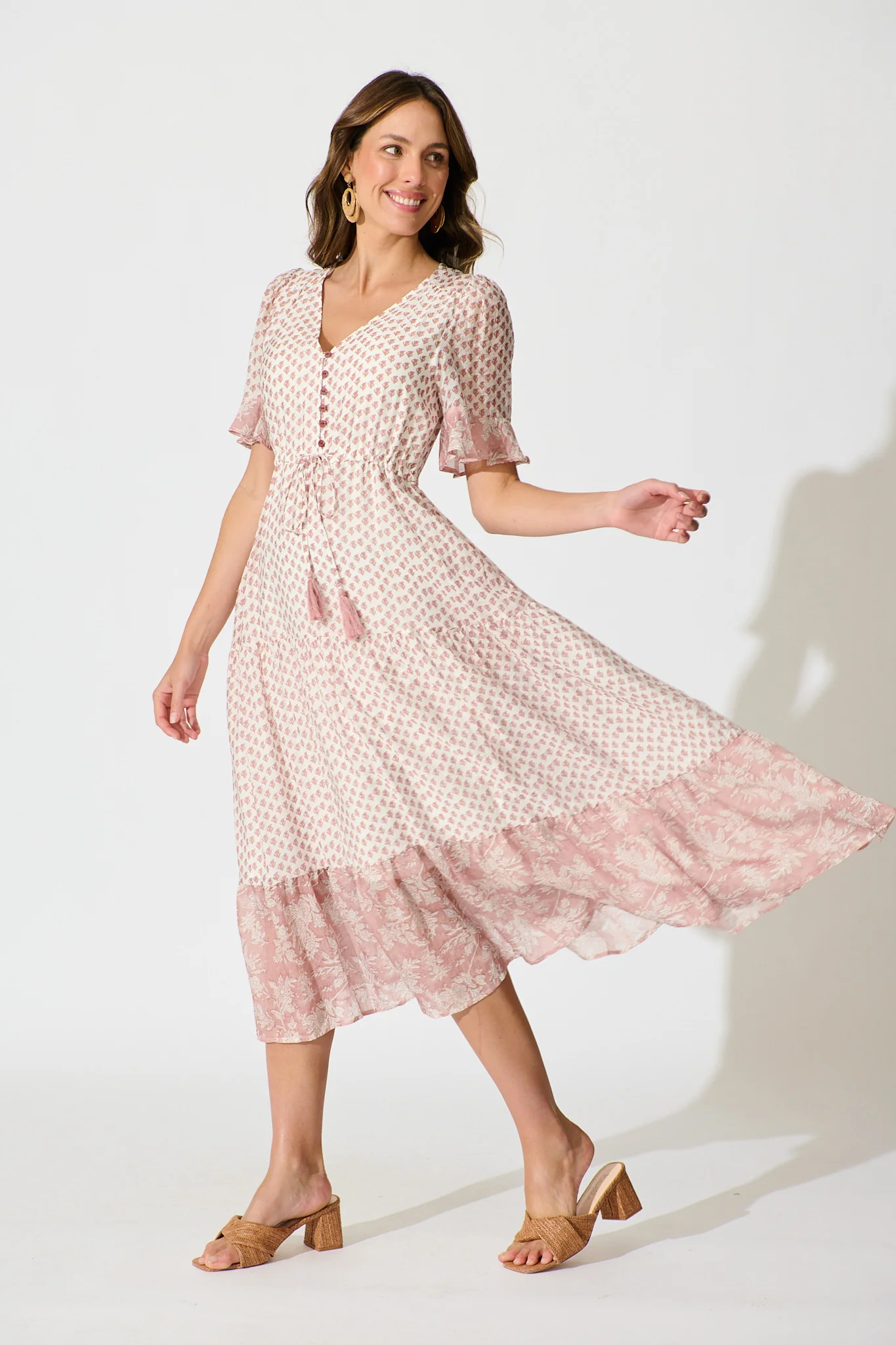 Sheer Allure Midi Dress in White with Blush Print - Image 3