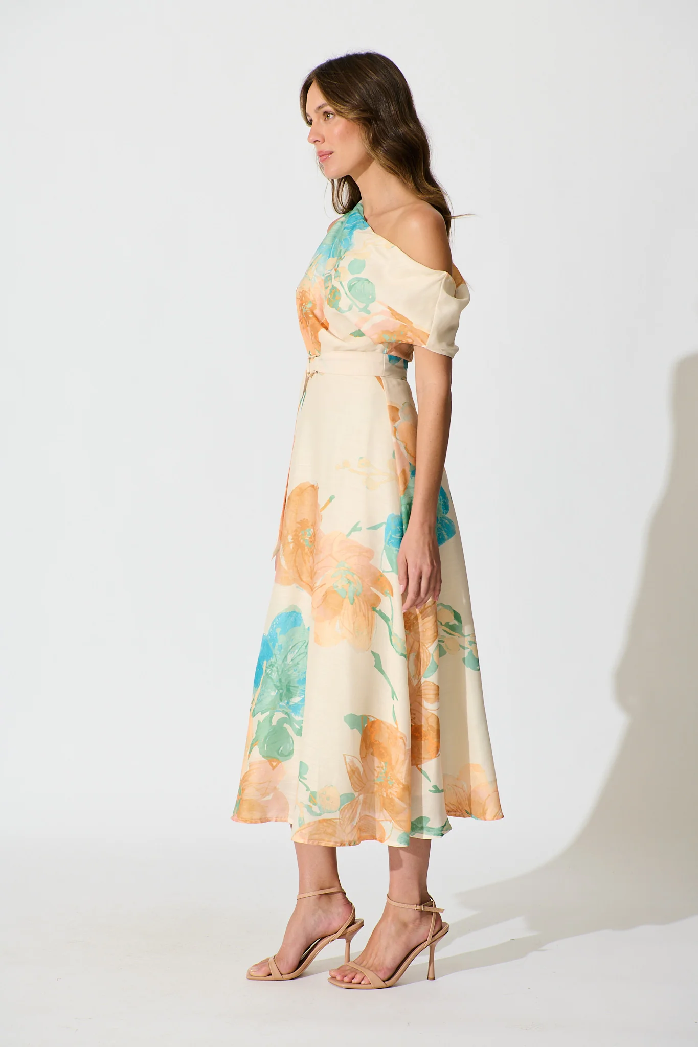 Shelbi Maxi Off Shoulder Dress in Tangerine with Blue Floral - Image 3
