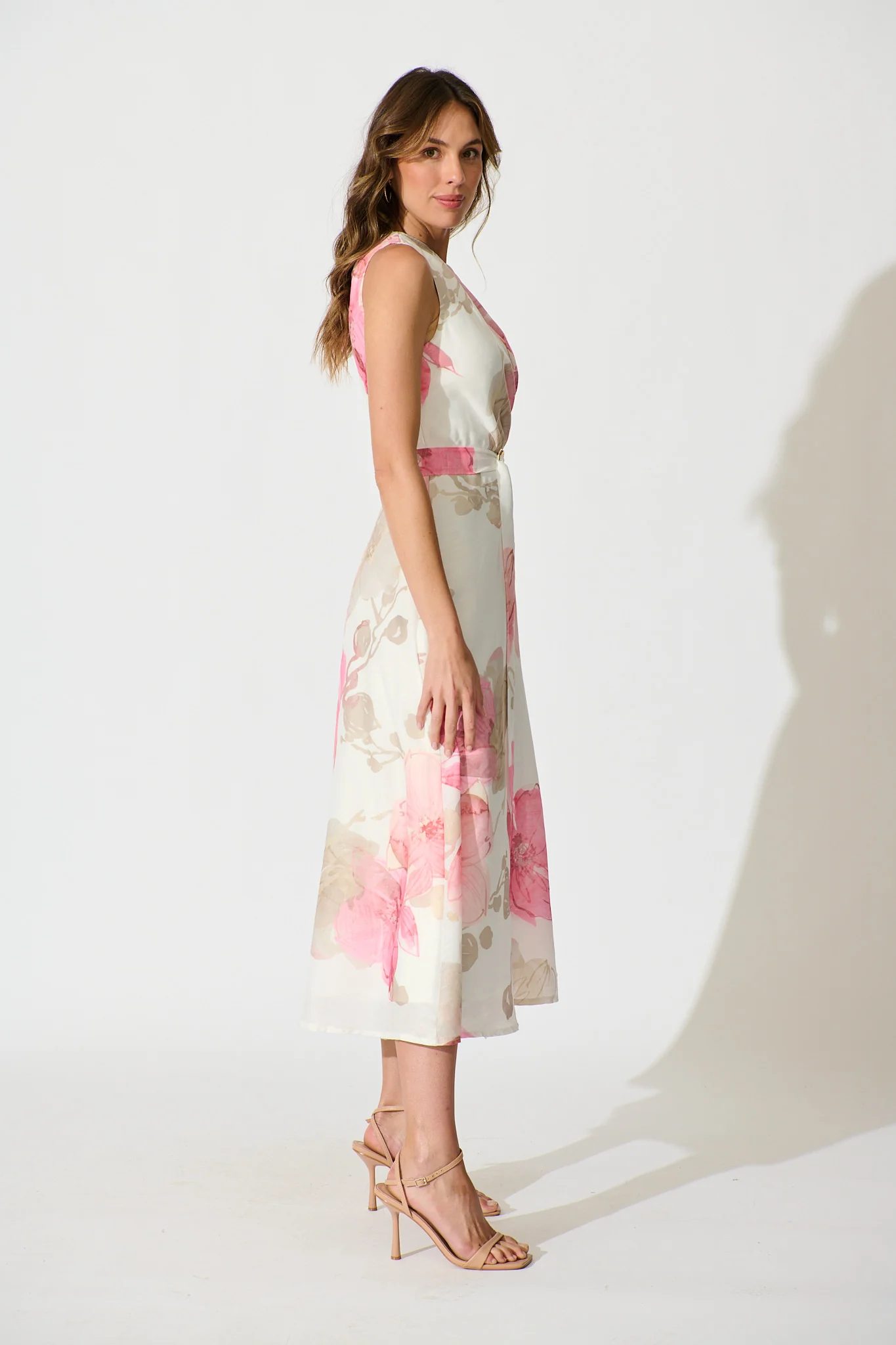 Shelbi Maxi Off Shoulder Dress in White with Pink Floral - Image 5