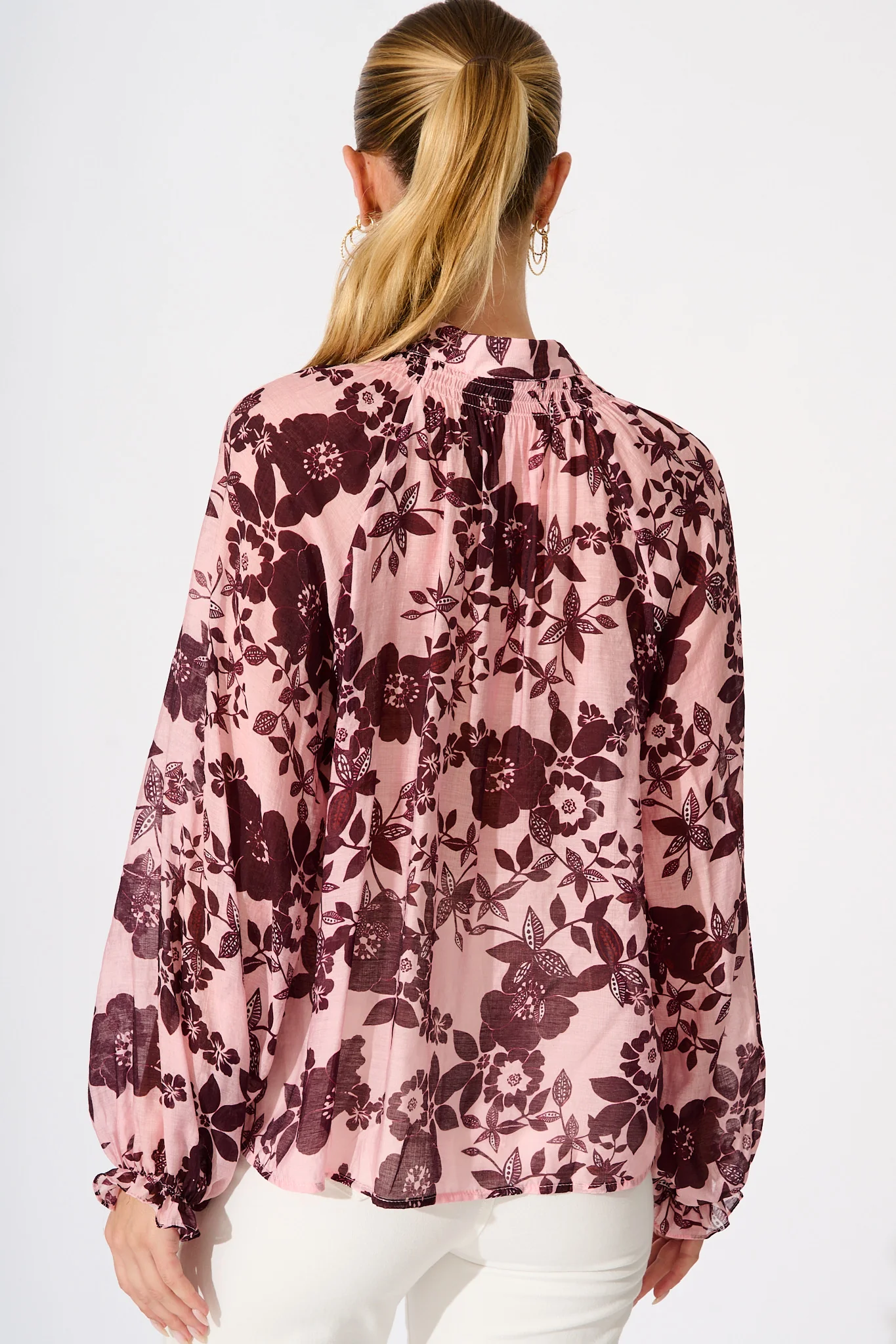 Shelby Top in Pink with Wine Floral Print - Image 3