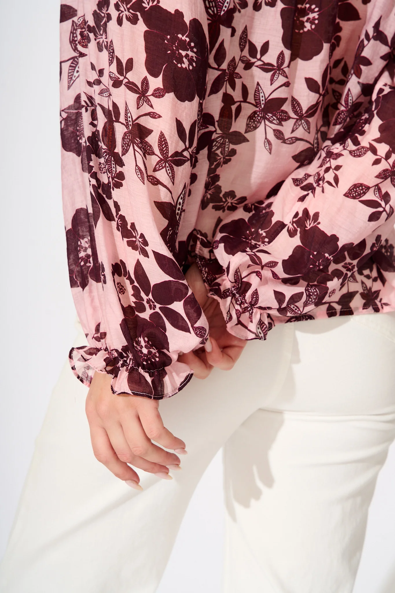 Shelby Top in Pink with Wine Floral Print - Image 5