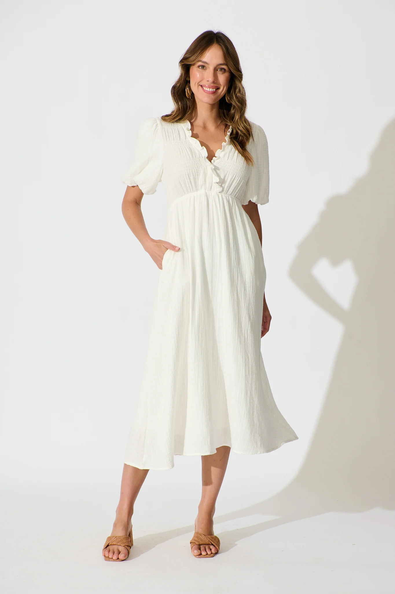 Shellby Midi Dress in White Cotton