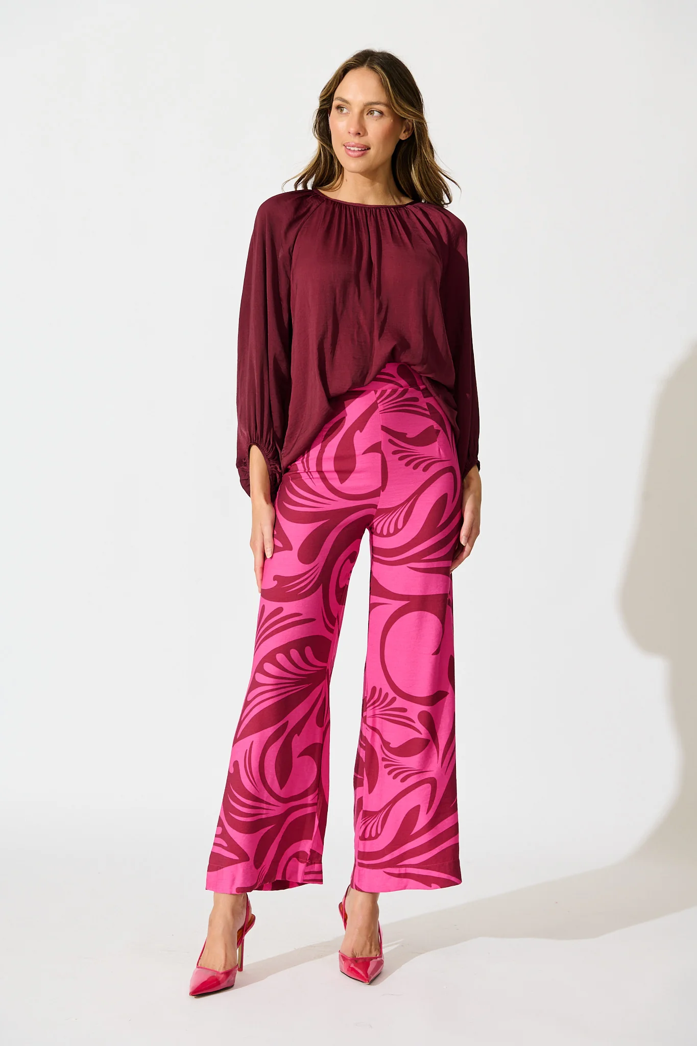 Sherene Pant in Pink with Wine Print - Image 7