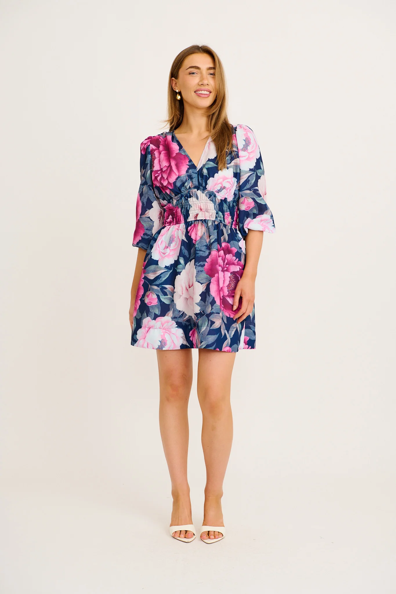 Shimmer Dress in Navy with Pink Floral Linen Blend - Image 3