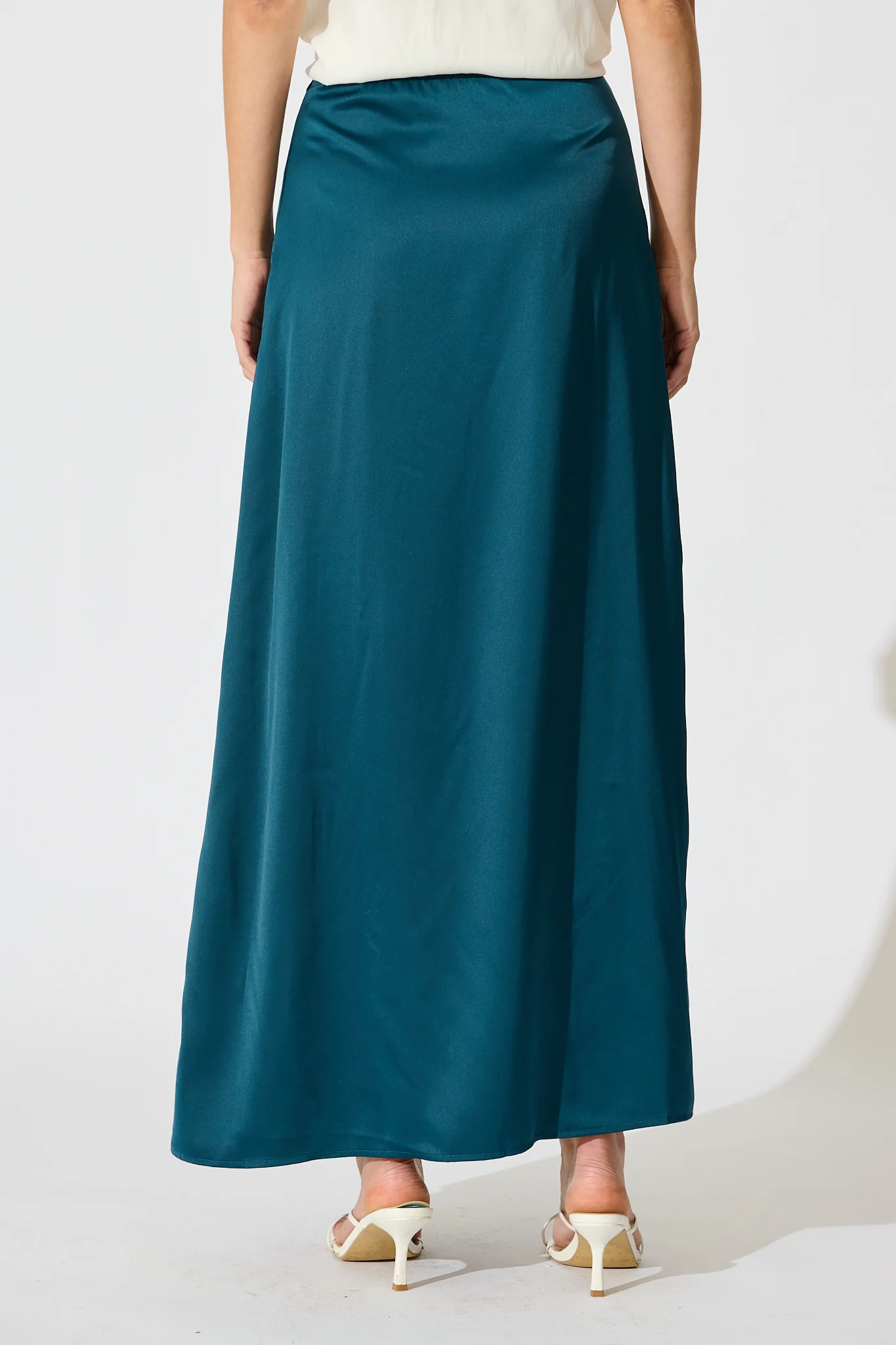 Shine Supreme Maxi Skirt in Teal Satin - Image 3