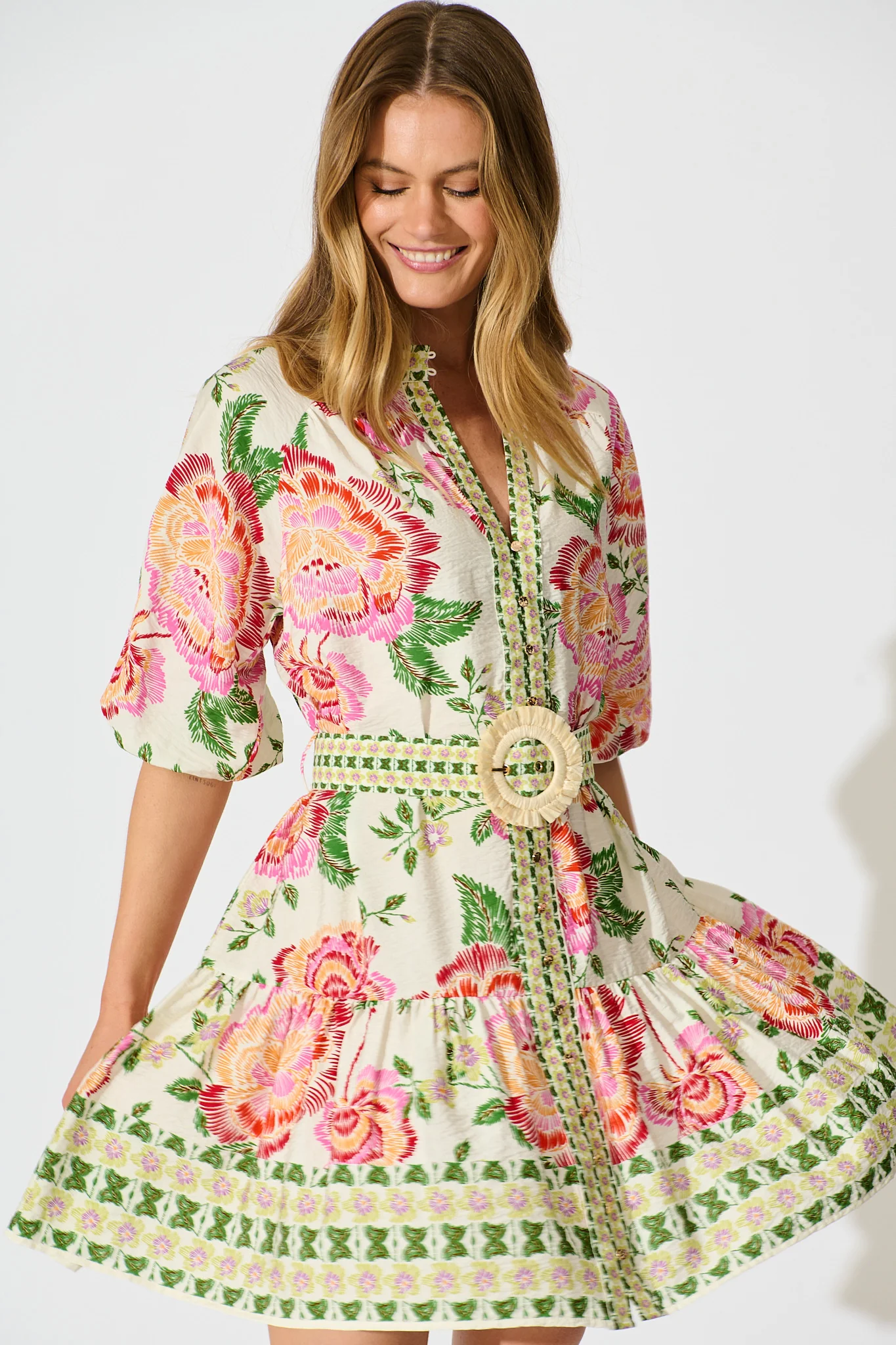 Sicilian Tile Dress in Cream with Multi Floral - Image 2