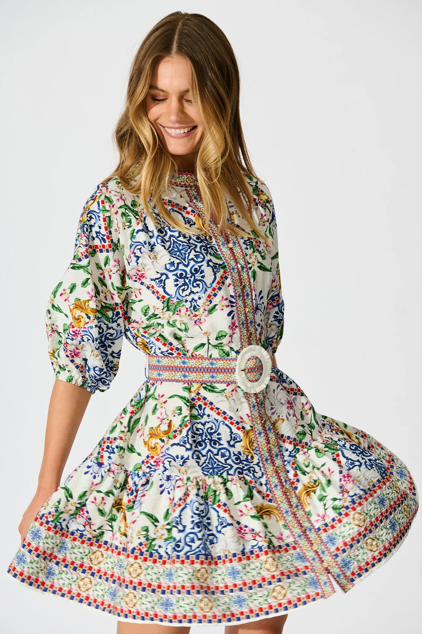 Sicilian Tile Dress in White with Multi Print - Image 2