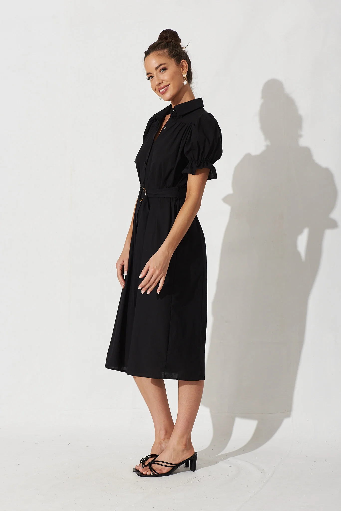 Sicilly Midi Shirt Dress In Black Cotton - Image 3