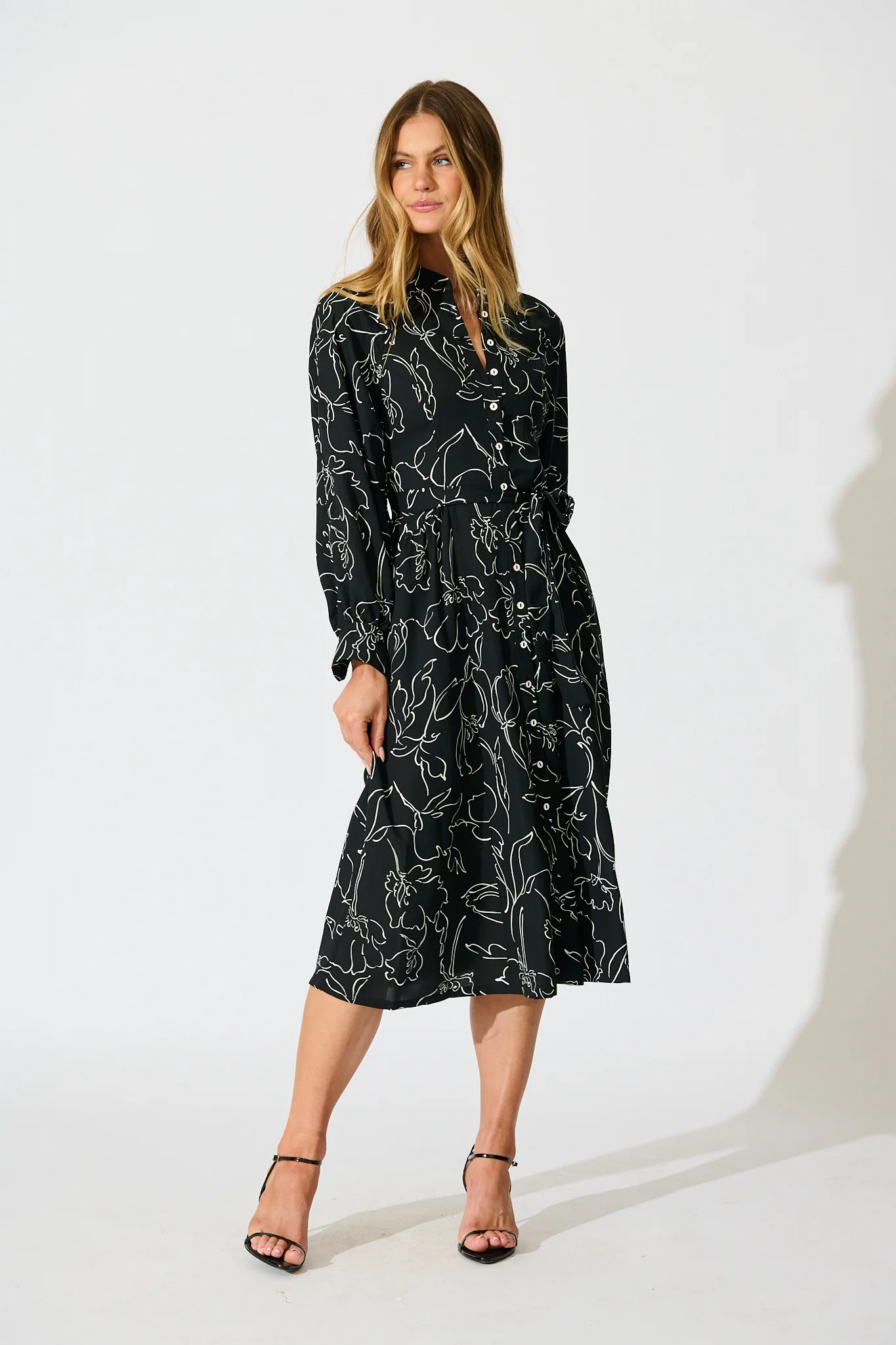 Sienna Midi Shirt Dress in Black and White Print