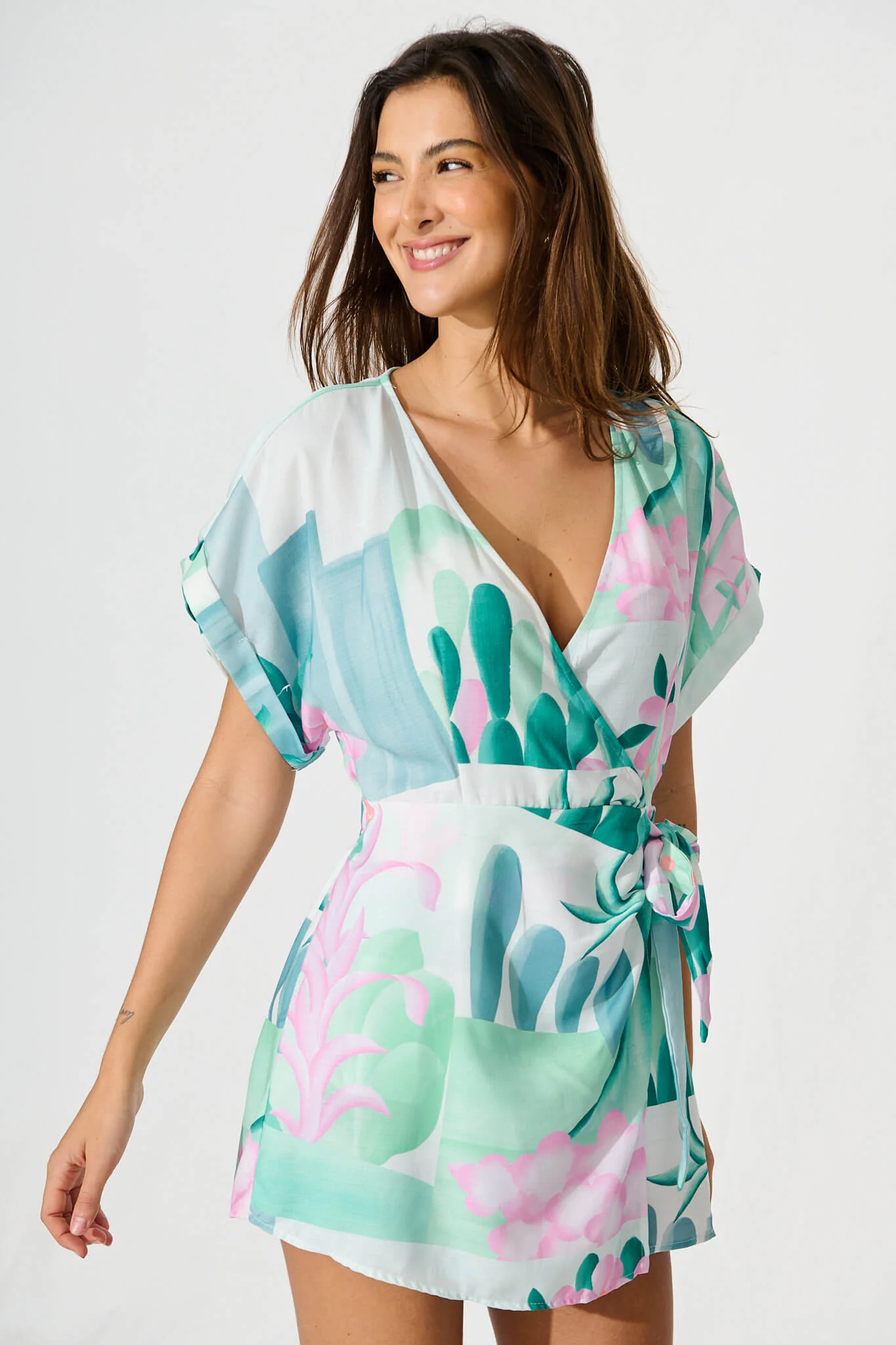 Silesia Playsuit in Blue and Green Print Linen Blend - Image 2