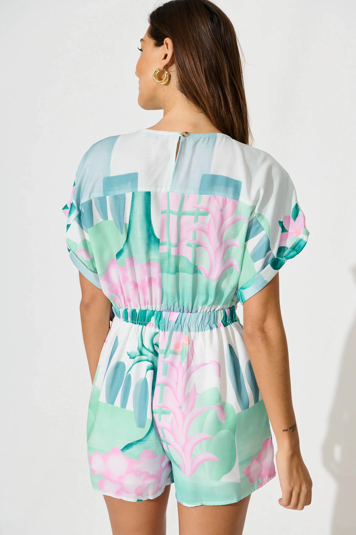 Silesia Playsuit in Blue and Green Print Linen Blend - Image 3