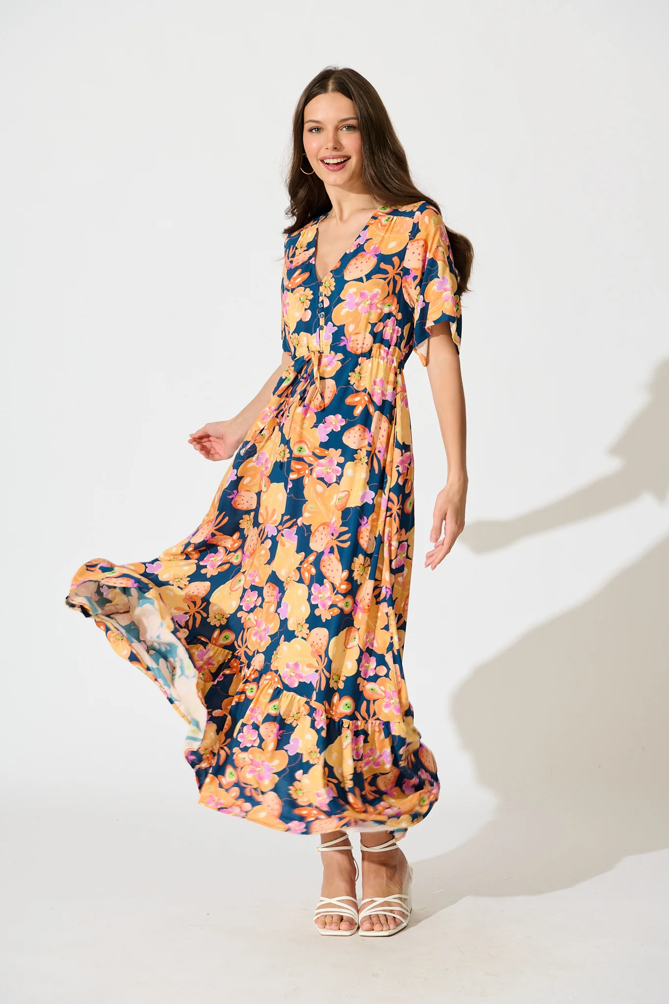 Silhariah Maxi Dress in Navy with Tangarine Floral