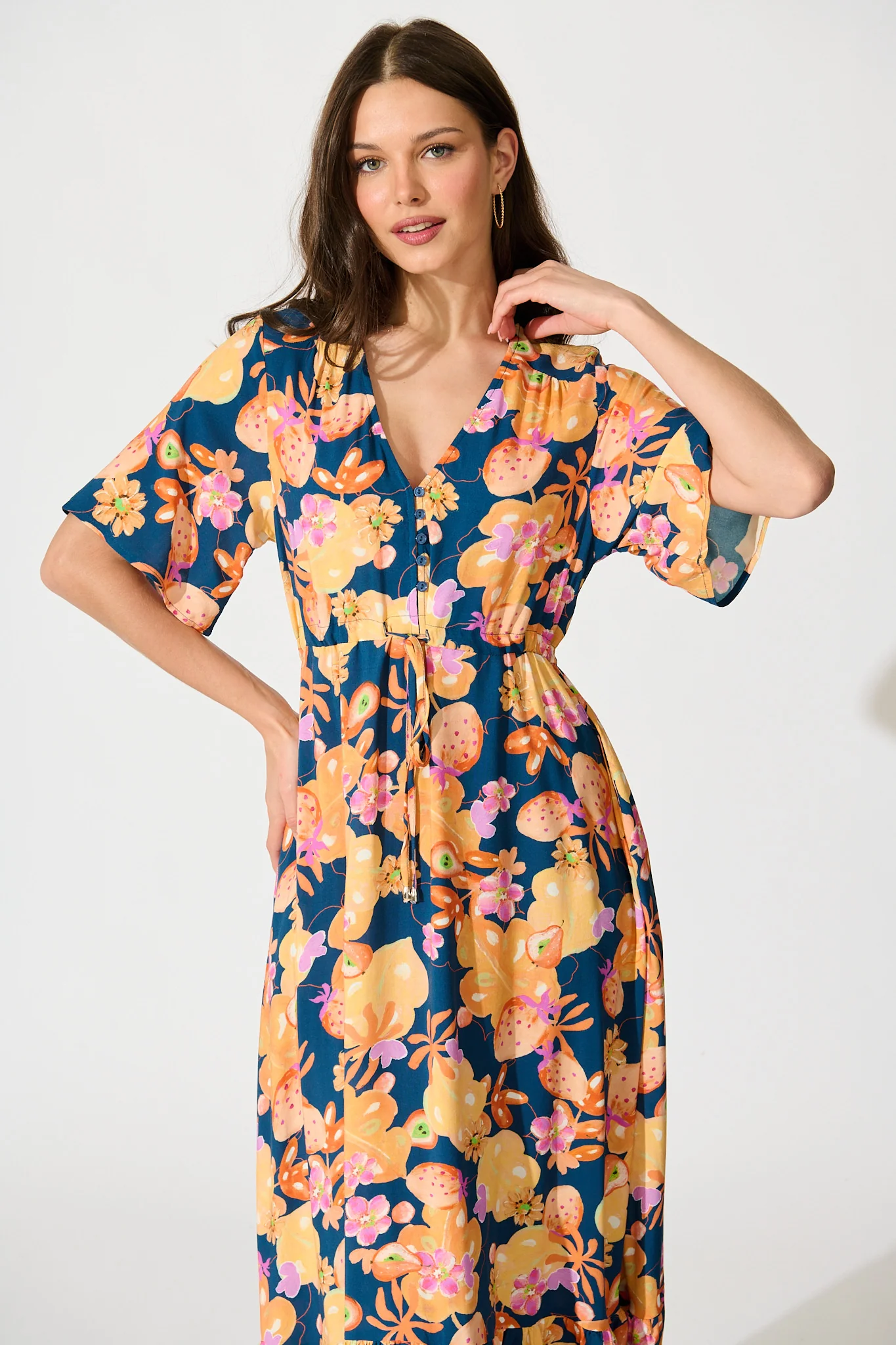 Silhariah Maxi Dress in Navy with Tangarine Floral - Image 2