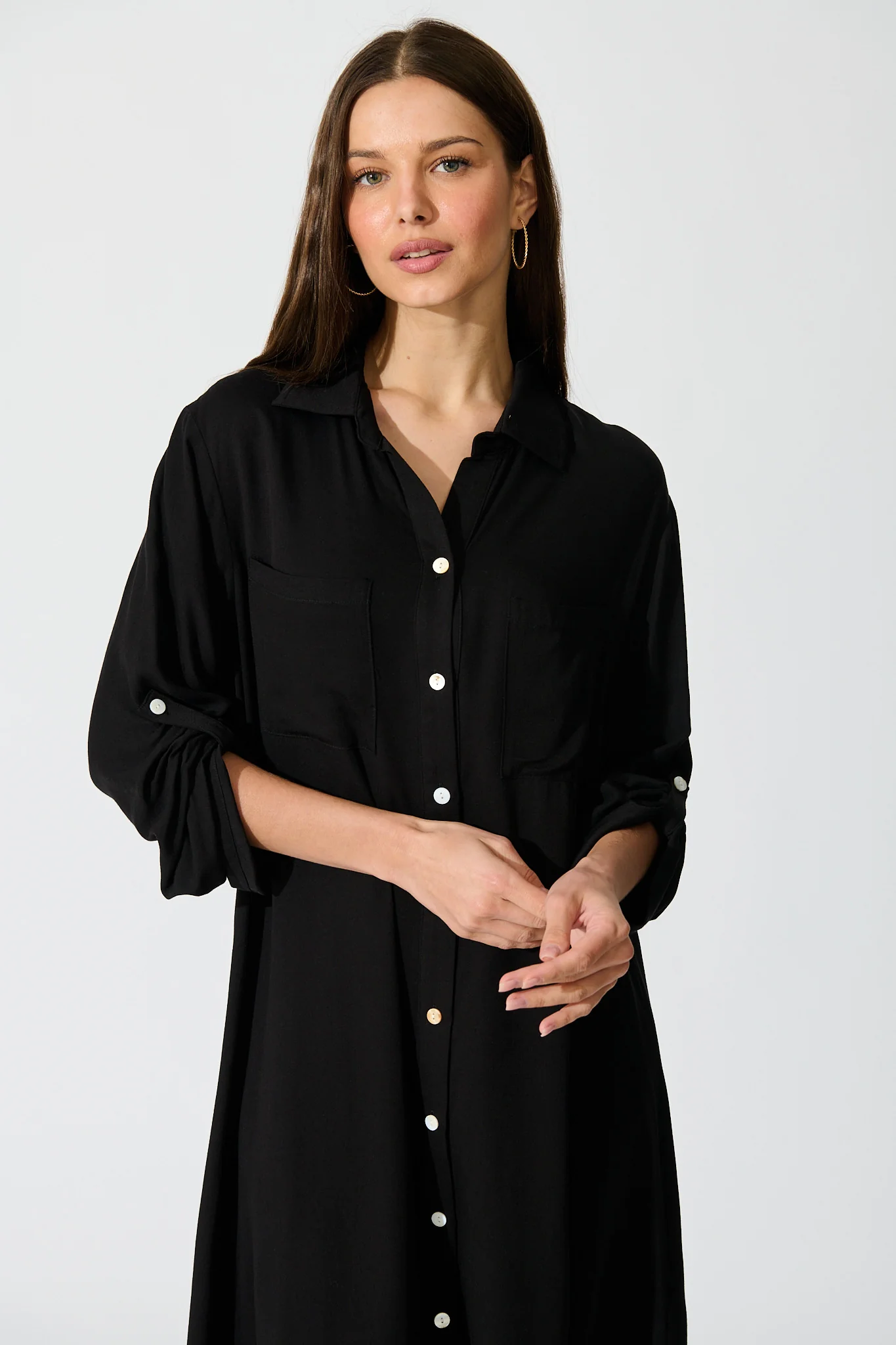 Silvena Midi Shirt Dress in Black - Image 2