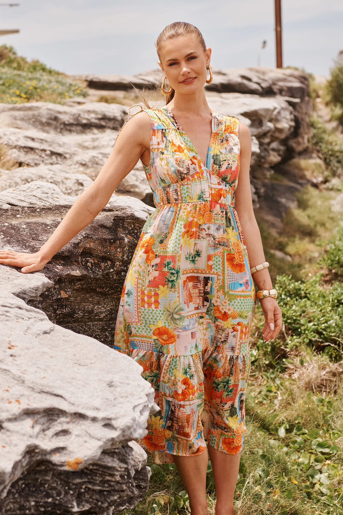 Sipping Sunshine Midi Dress in Multi Postcard Print