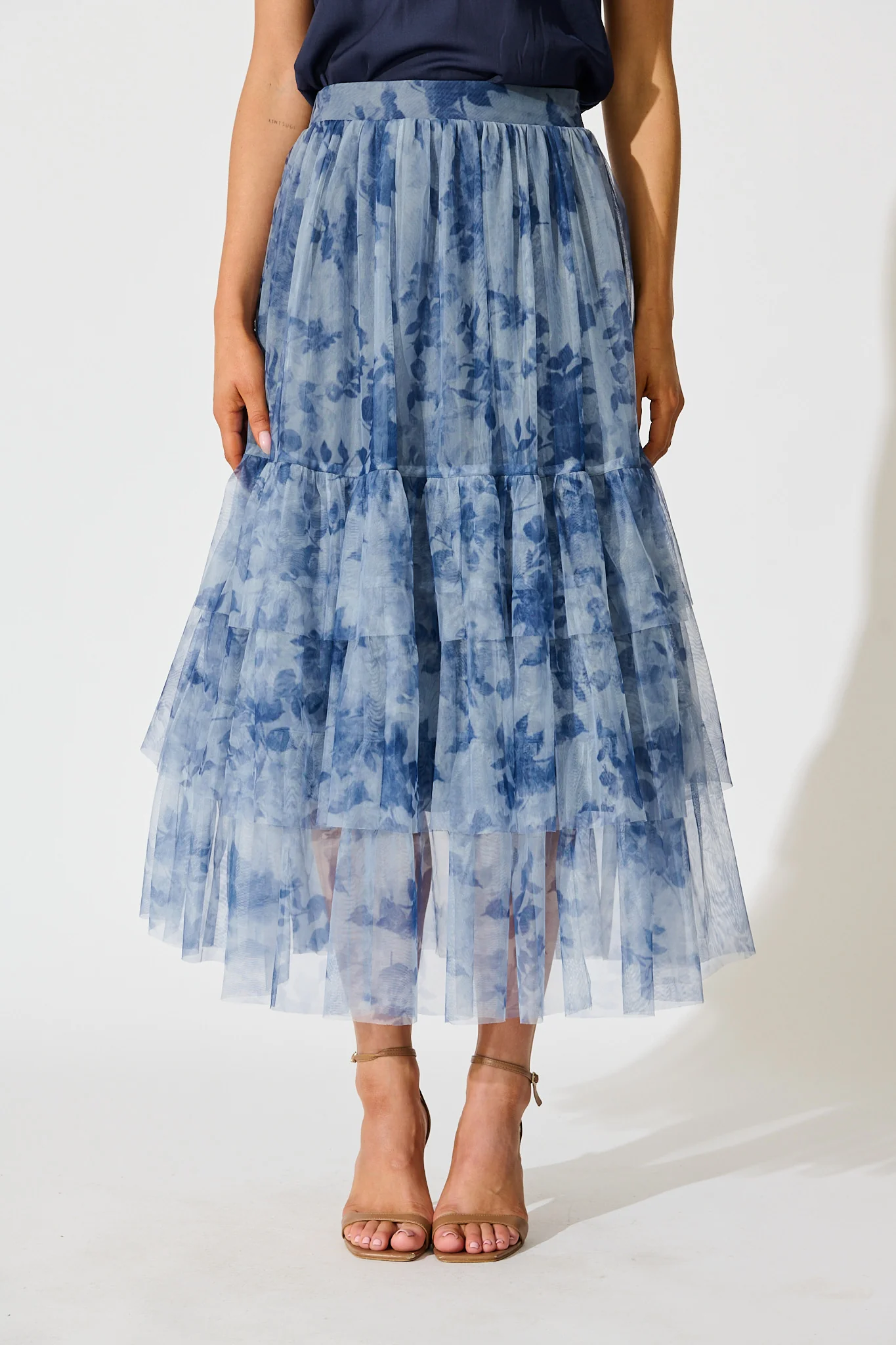 Sky Bloom Midi Skirt in Blue with Navy Floral Tulle - Image 3