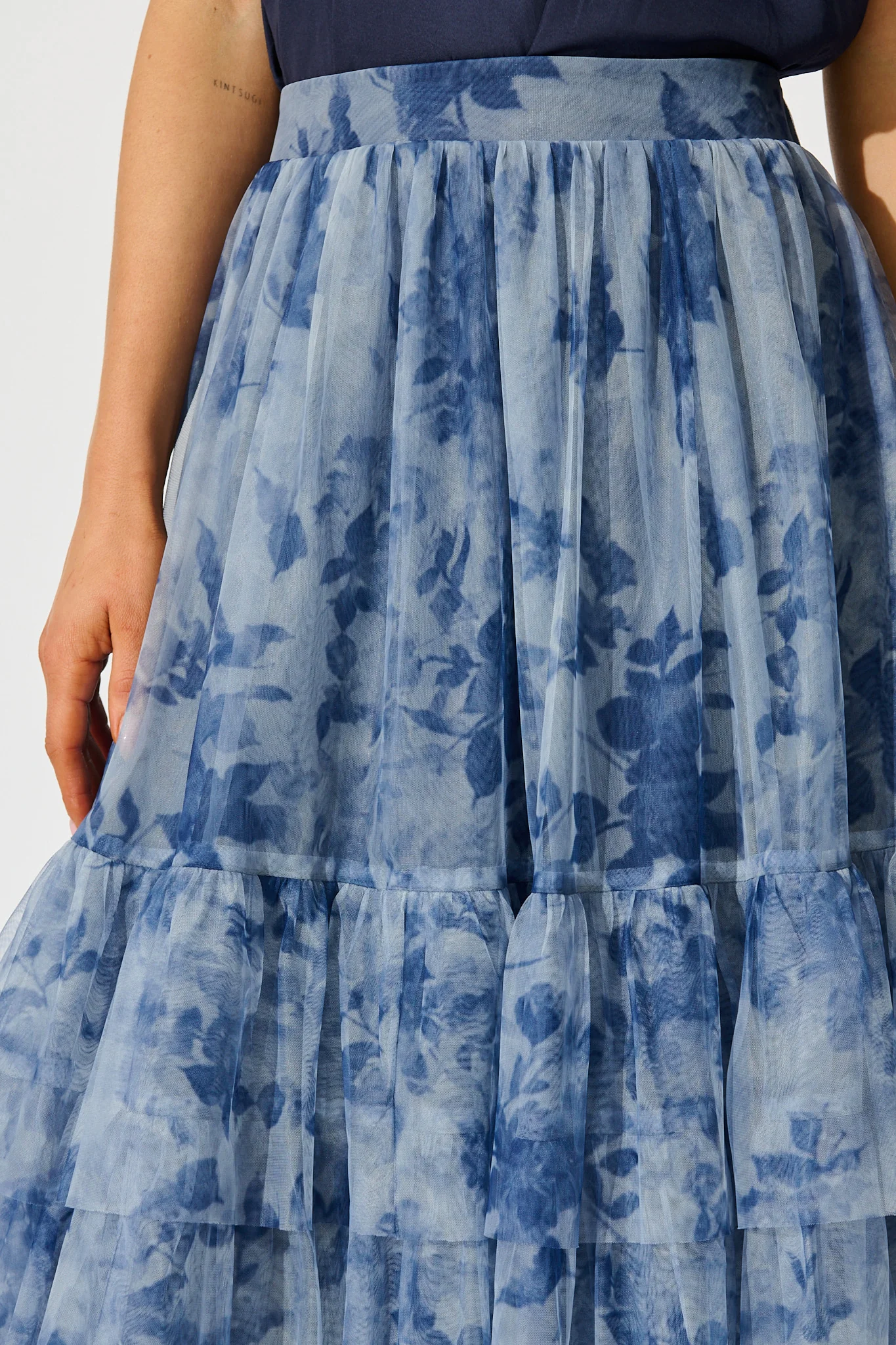 Sky Bloom Midi Skirt in Blue with Navy Floral Tulle - Image 8