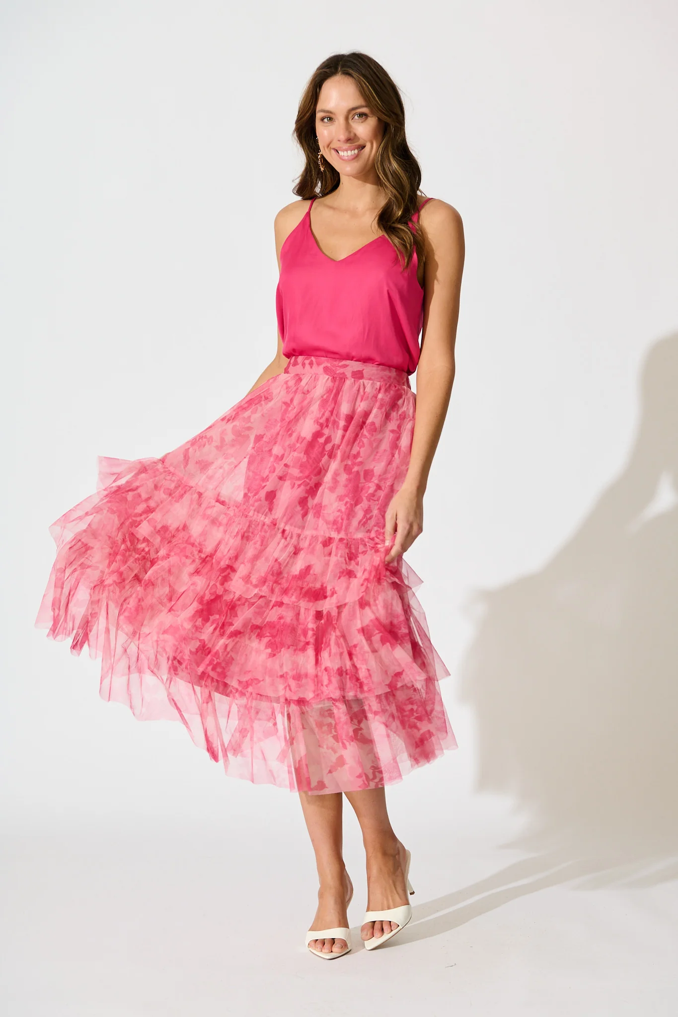 Sky Bloom Midi Skirt in Pink Floral Tulle