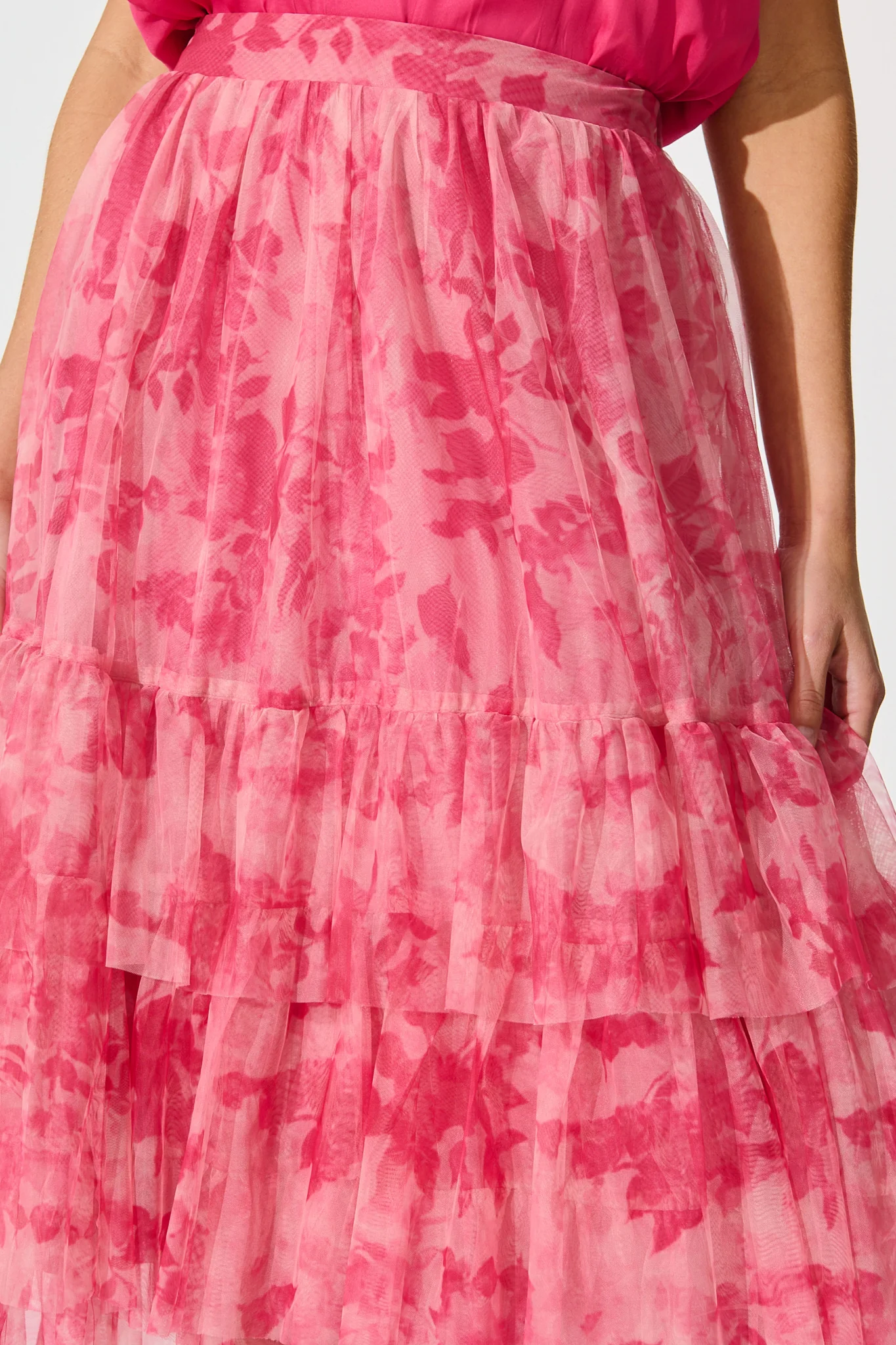 Sky Bloom Midi Skirt in Pink Floral Tulle - Image 11