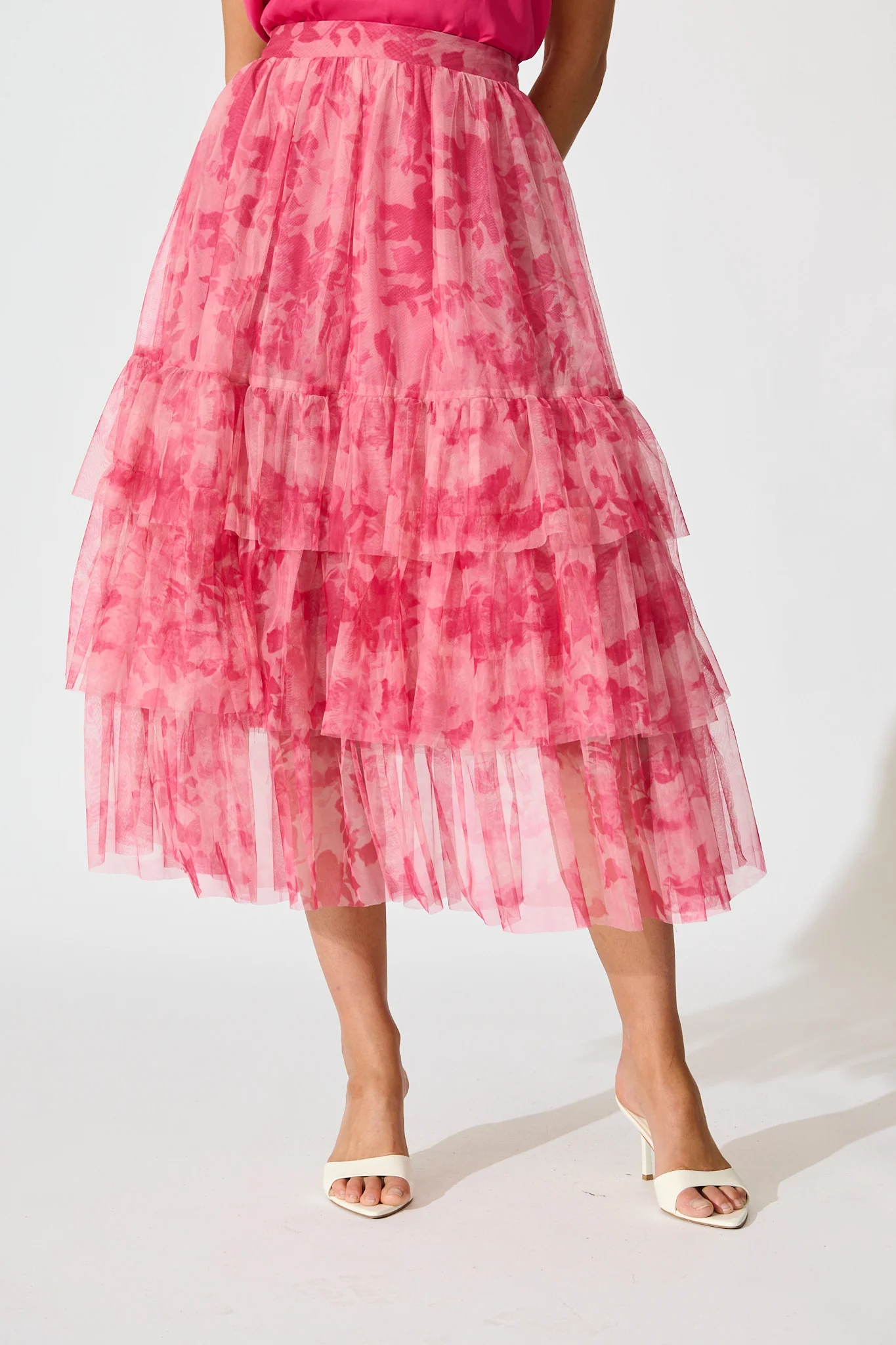Sky Bloom Midi Skirt in Pink Floral Tulle - Image 4