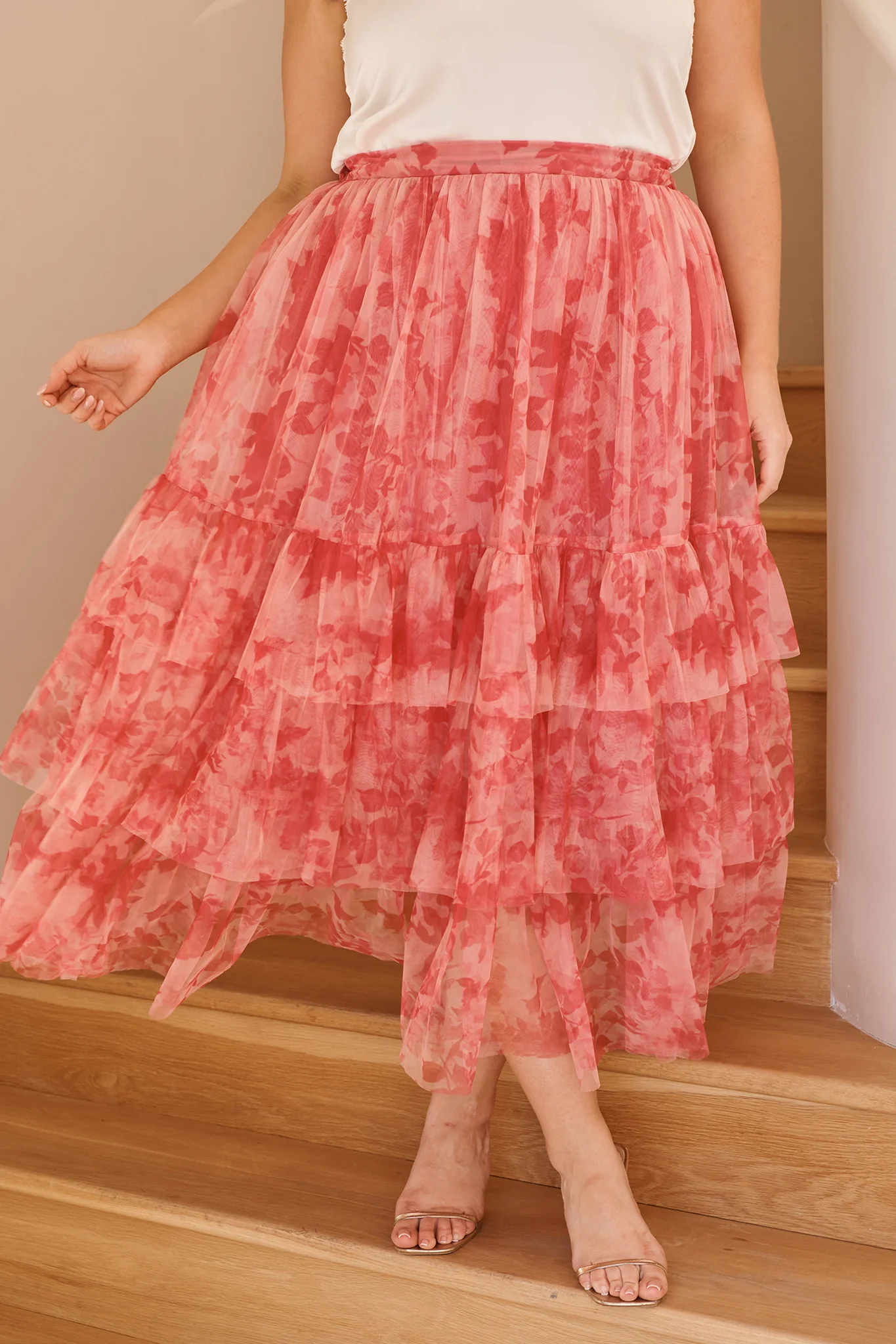 Sky Bloom Midi Skirt in Pink Floral Tulle - Image 5