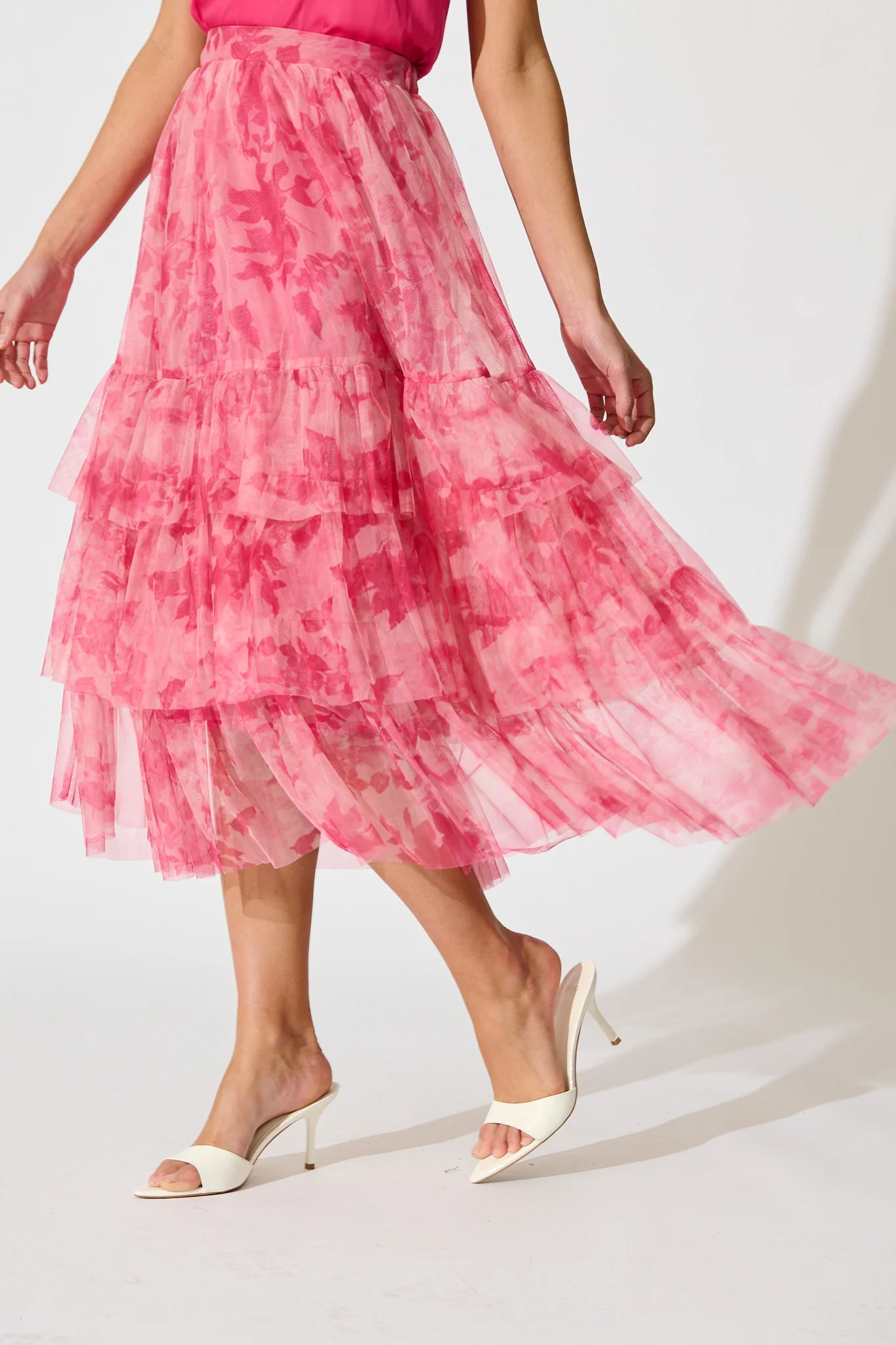 Sky Bloom Midi Skirt in Pink Floral Tulle - Image 6