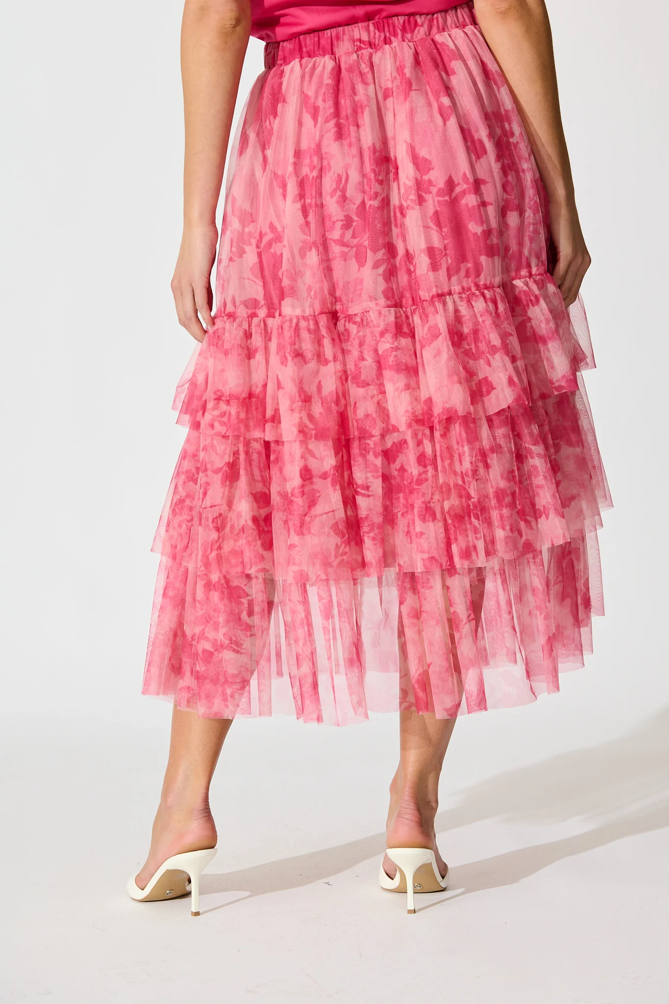 Sky Bloom Midi Skirt in Pink Floral Tulle - Image 9