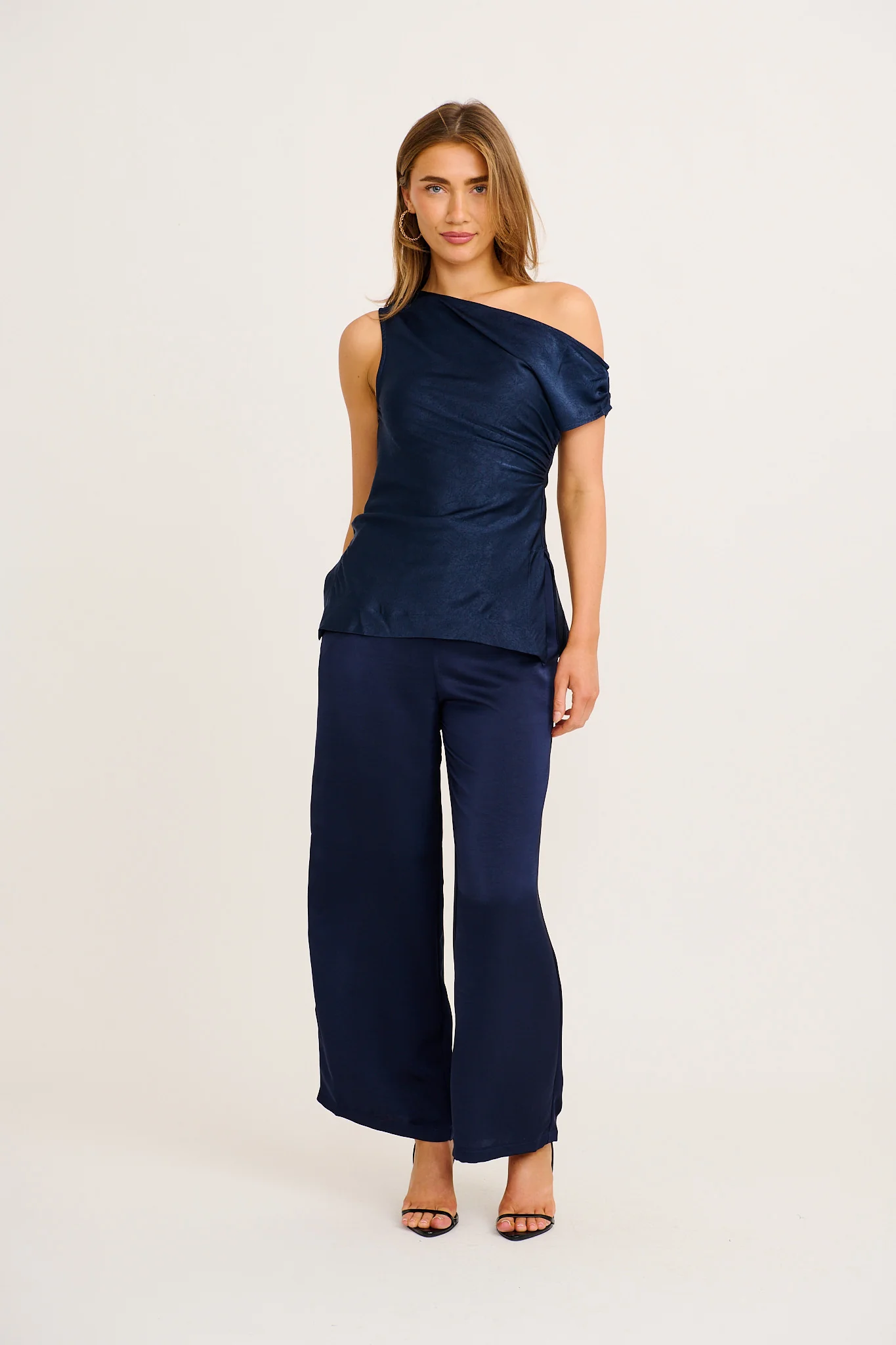 Sleek Off Shoulder Top in Navy Satin - Image 4