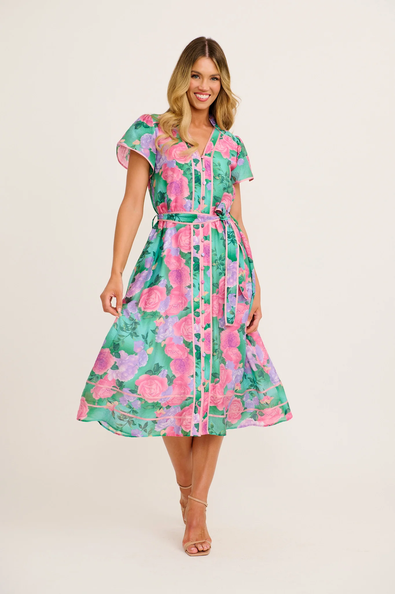 Social Hour Midi Dress in Green Multi Floral Cotton Blend