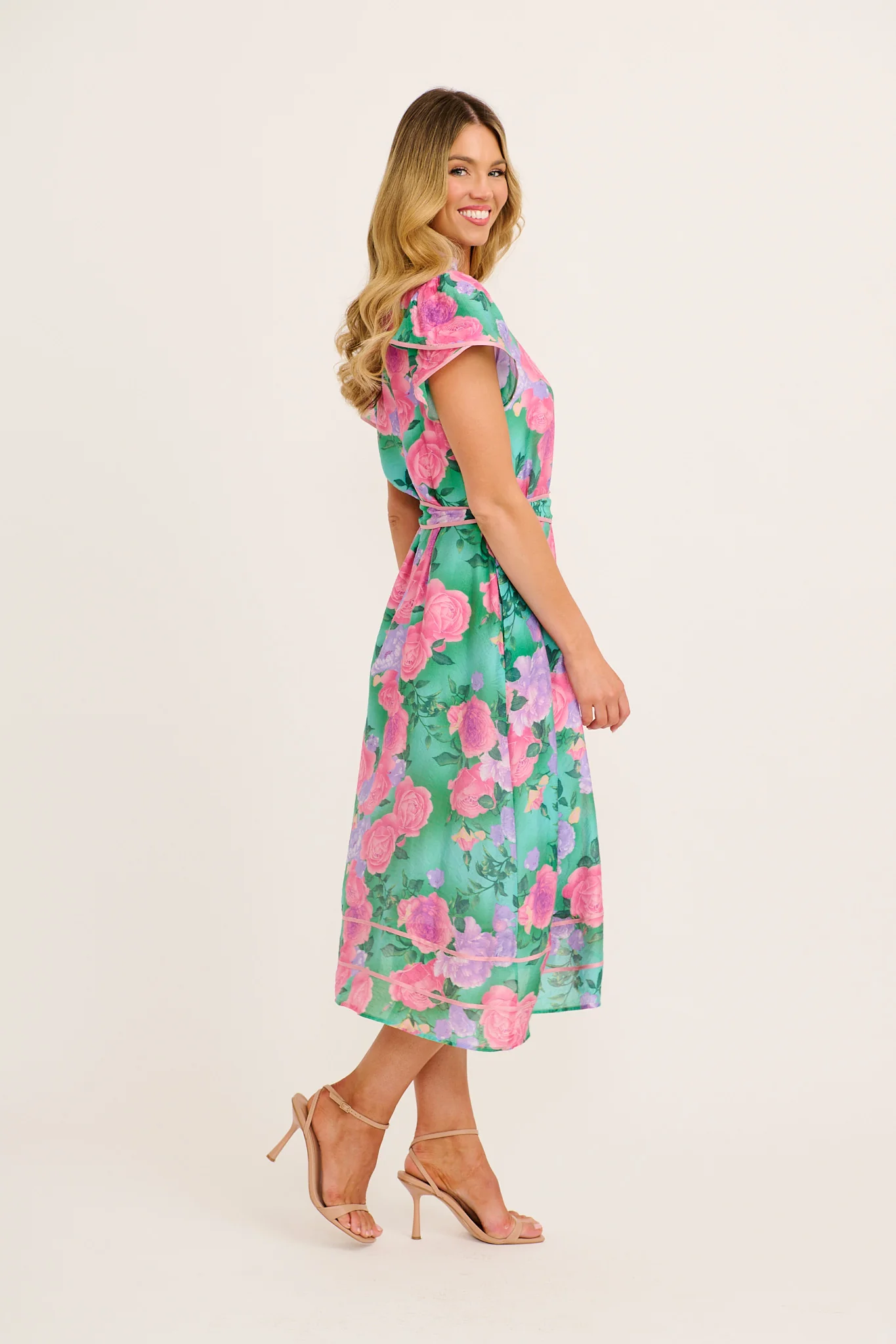 Social Hour Midi Dress in Green Multi Floral Cotton Blend - Image 3
