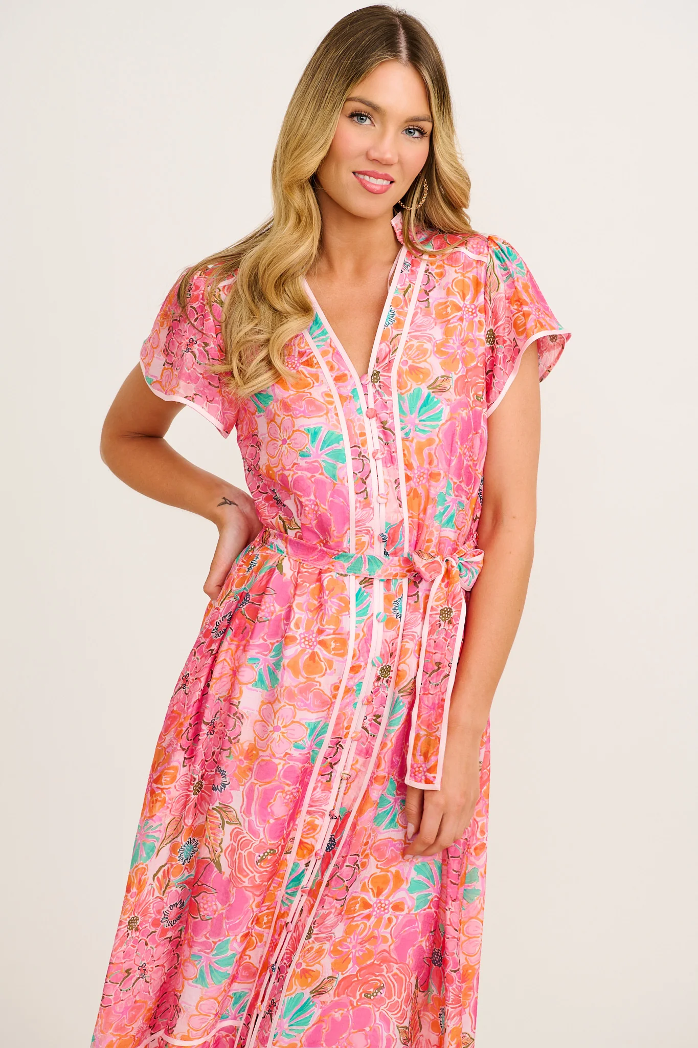 Social Hour Midi Dress in Pink Floral Cotton Blend - Image 2