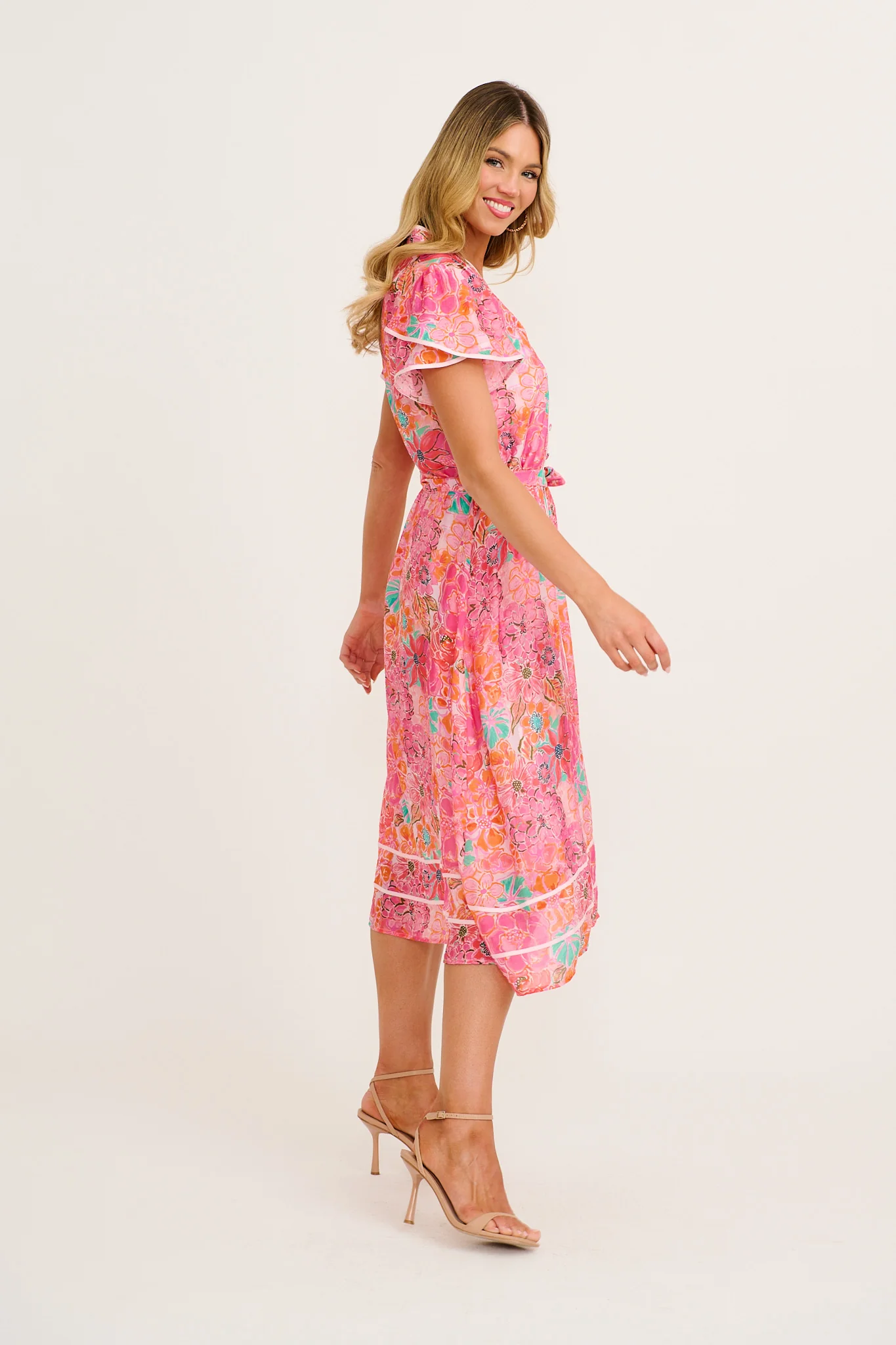 Social Hour Midi Dress in Pink Floral Cotton Blend - Image 3