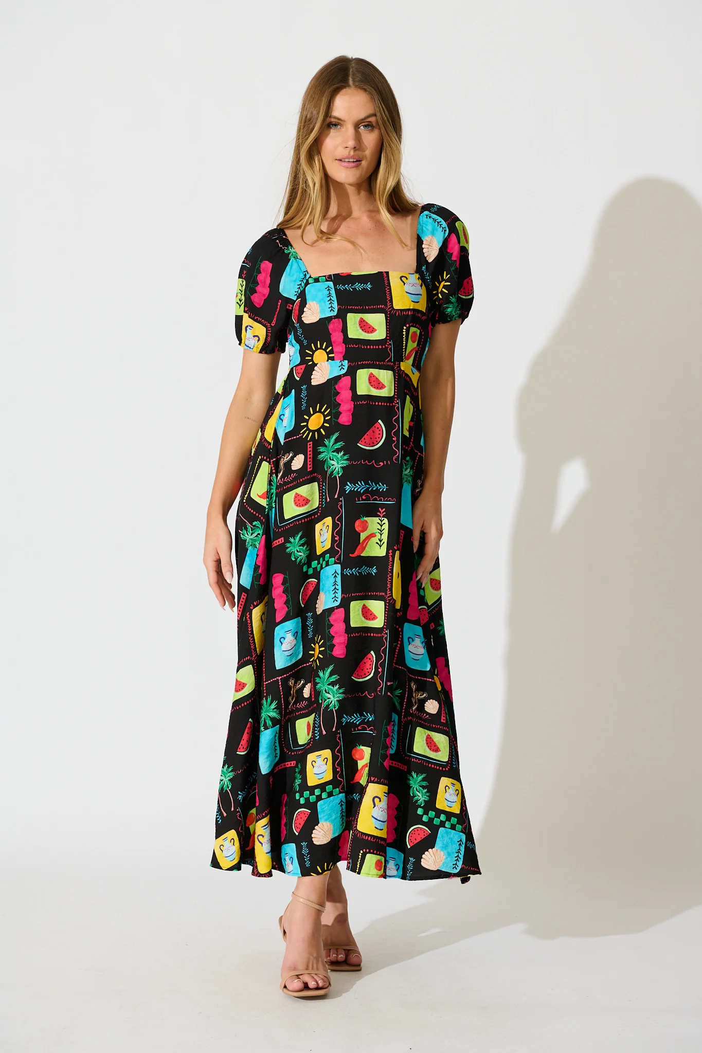 Sofie Midi Dress in Black Multi Patchwork Linen Blend