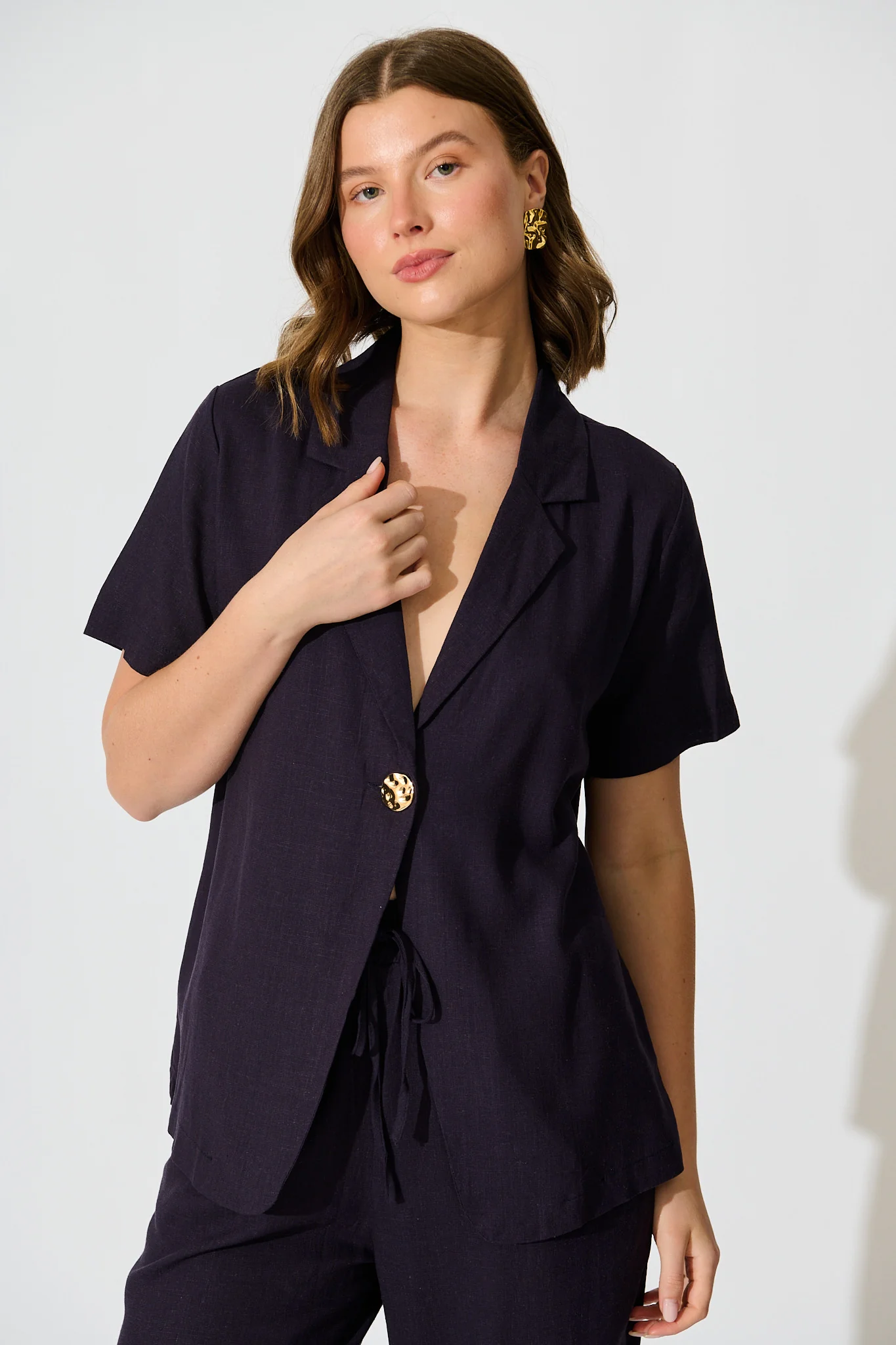 Soft Structure Top In Navy Cotton Linen
