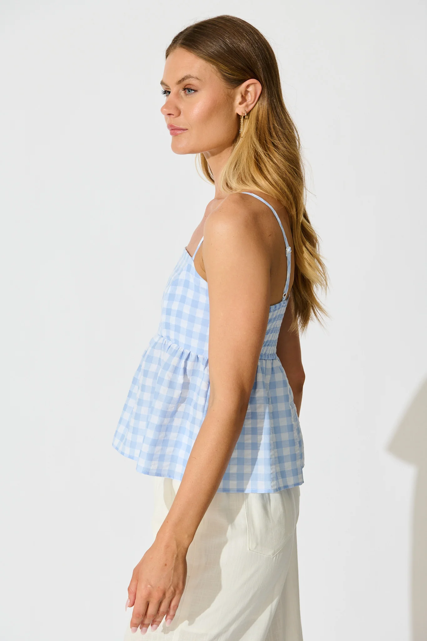 Sola Top in Blue Gingham Cotton Blend - Image 2