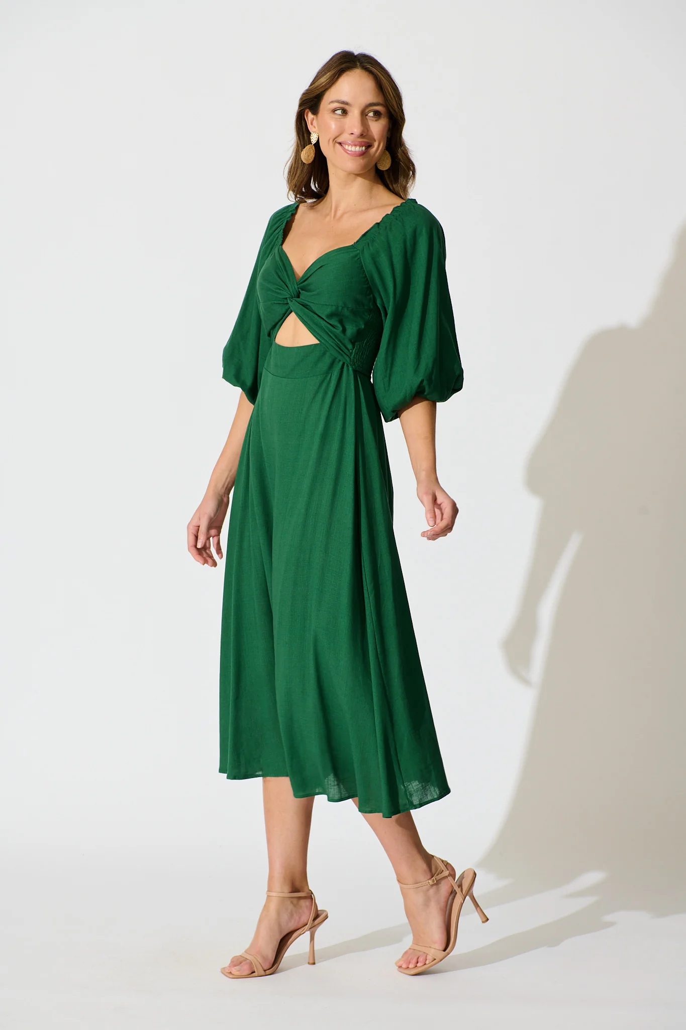 Solana Midi Dress in Emerald Linen Blend - Image 3
